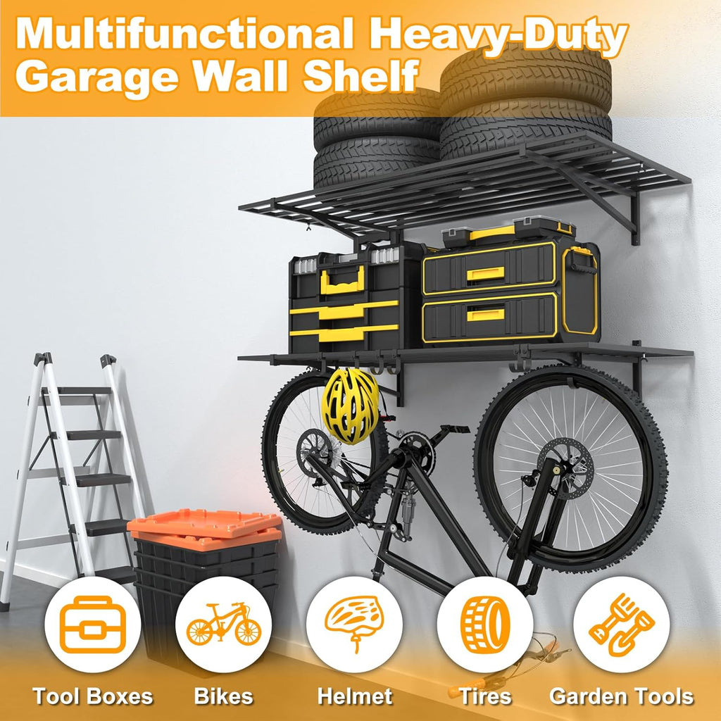 2-Pack 2×4ft Steel Garage Wall Shelving, 500lbs Each Load Capacity, Black, Hooks, Tool & Equipment Storage