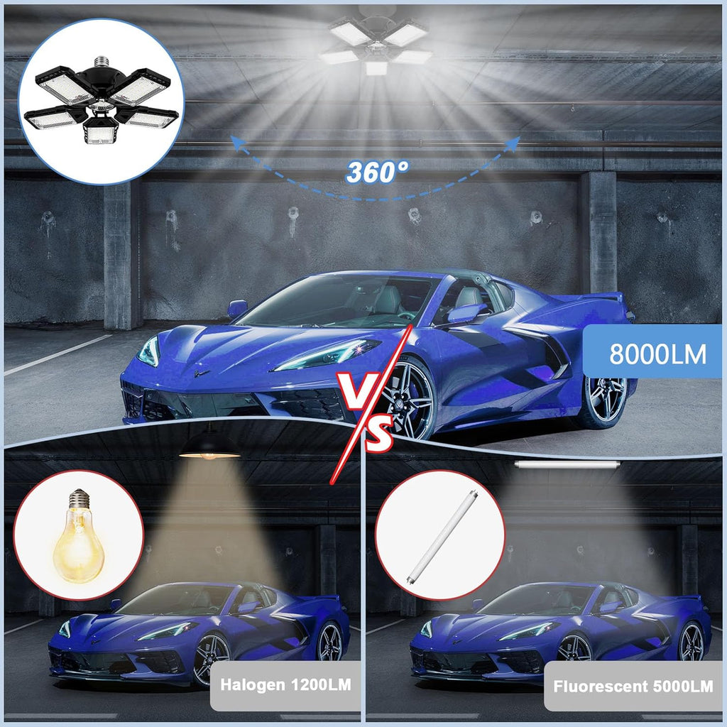 2-Pack LED Garage Lights - 160W, 16000LM 6500K with 5+1 Deformable Panels, Indoor Shop Light, E26/E27 for Garage, Warehouse, Shop, Basement
