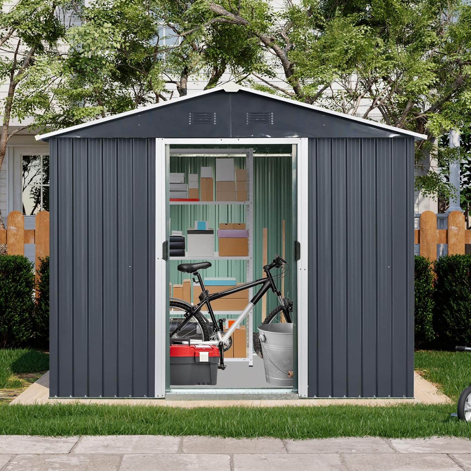 4x8 FT Outdoor Storage Shed, Metal Garden Shed with Frame Floor, Outside Tool Shed with Lockable Sliding Doors, Waterproof Storage Building with Sloped Roof for Backyard, Patio, Lawn, Black