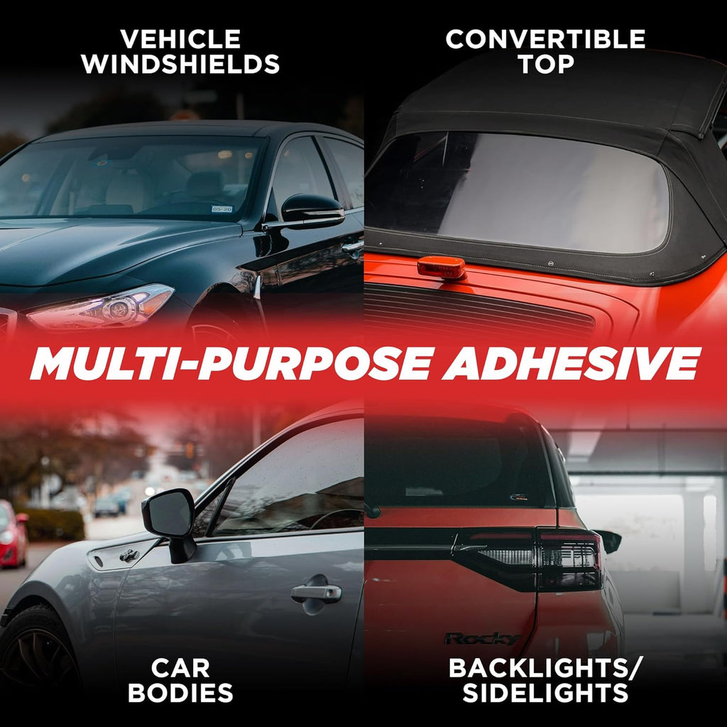 Polyurethane Windshield Adhesive - Quick Curing & Weather Resistant Auto Glass Adhesive, Vertical & Overhead Application, Windshield Repair Kit with Gloves, Applicator Tip & Cartridge - 310ml Black