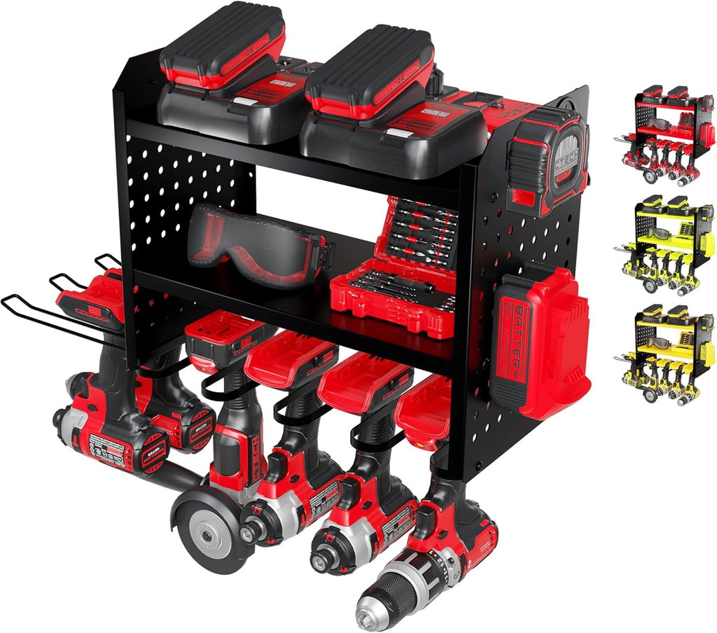 Power Tool Organizer-6 Drill Holder Wall Mount, 3 Tier Heavy-Duty Hand Tool Storage Rack, Utility Racks, Drill Holder, 2 Pegboard Sides - Garage Storage Cordless Tool Organizer (Black)