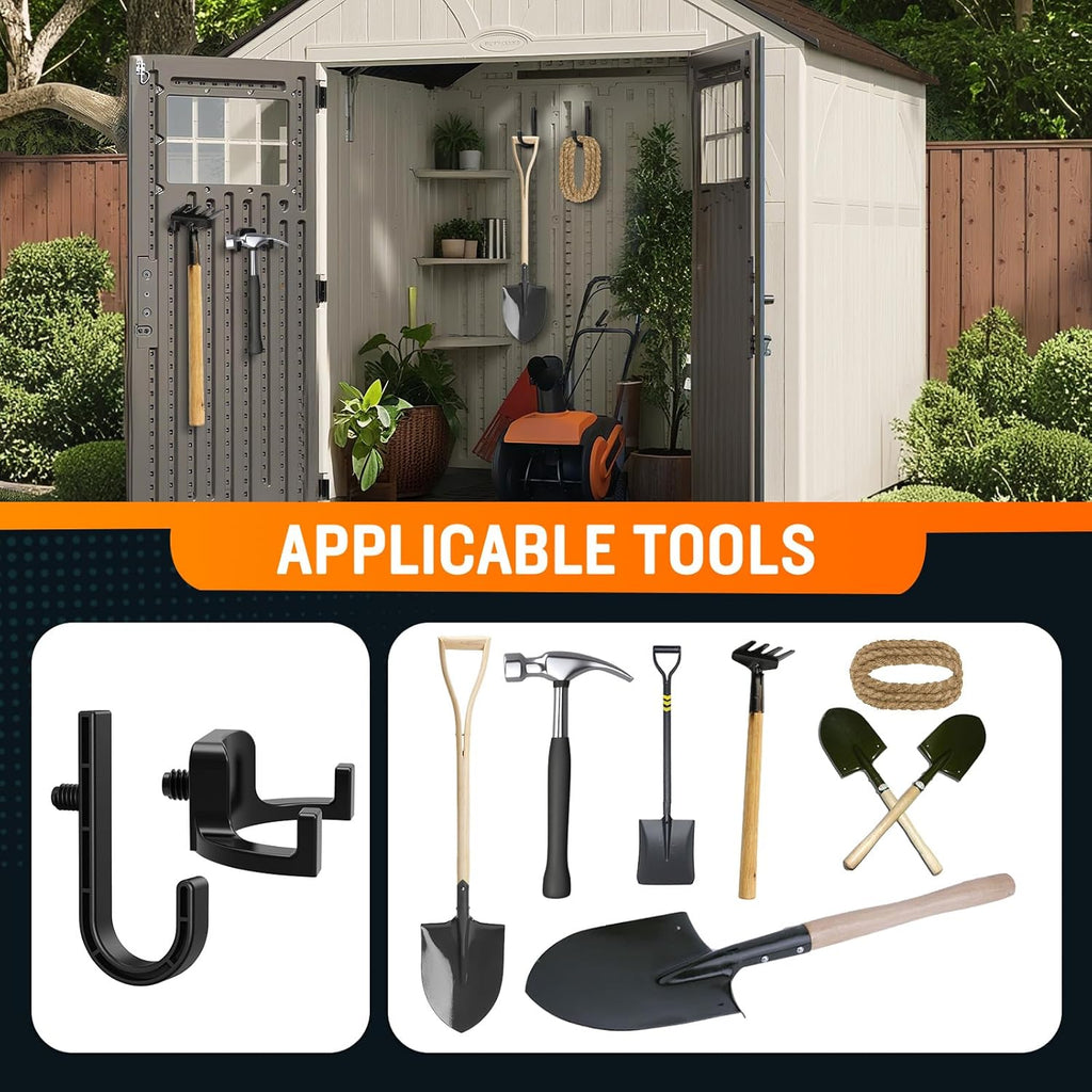 6Pcs Storage Shed Hooks Compatible with Suncast Shed, Black J and U Tool Hangers for Organizing Tool, Ladders, Bulk Items,Storage Shed Shelves Accessories