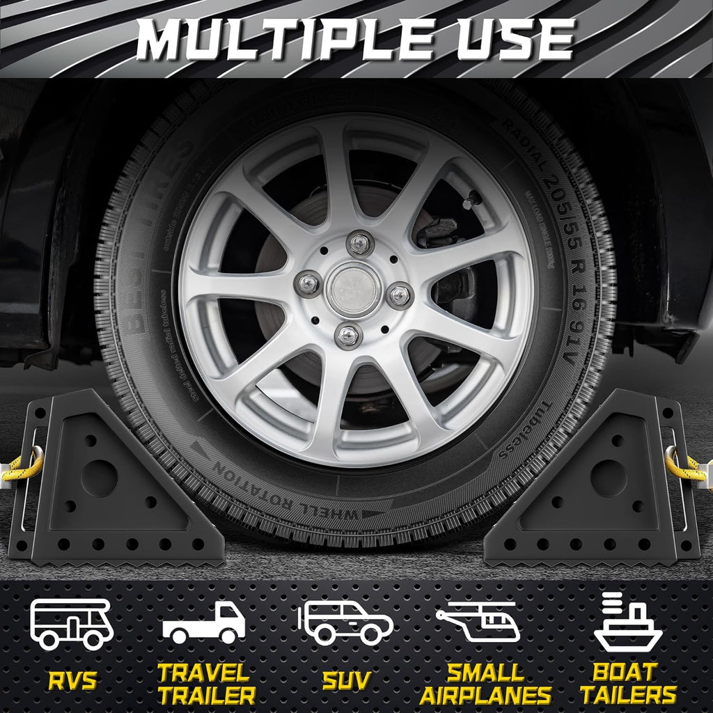 4 Pack Heavy Duty Wheel Chocks with 39" Rope, Rubber Wheel Chocks for Trailers, RV, Cars, Trucks, and ATV