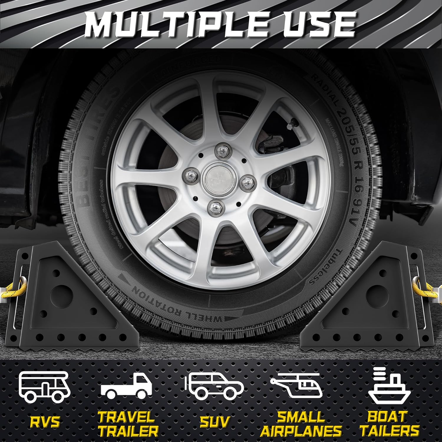 4 Pack Heavy Duty Wheel Chocks with 39" Rope, Rubber Wheel Chocks for Trailers, RV, Cars, Trucks, and ATV