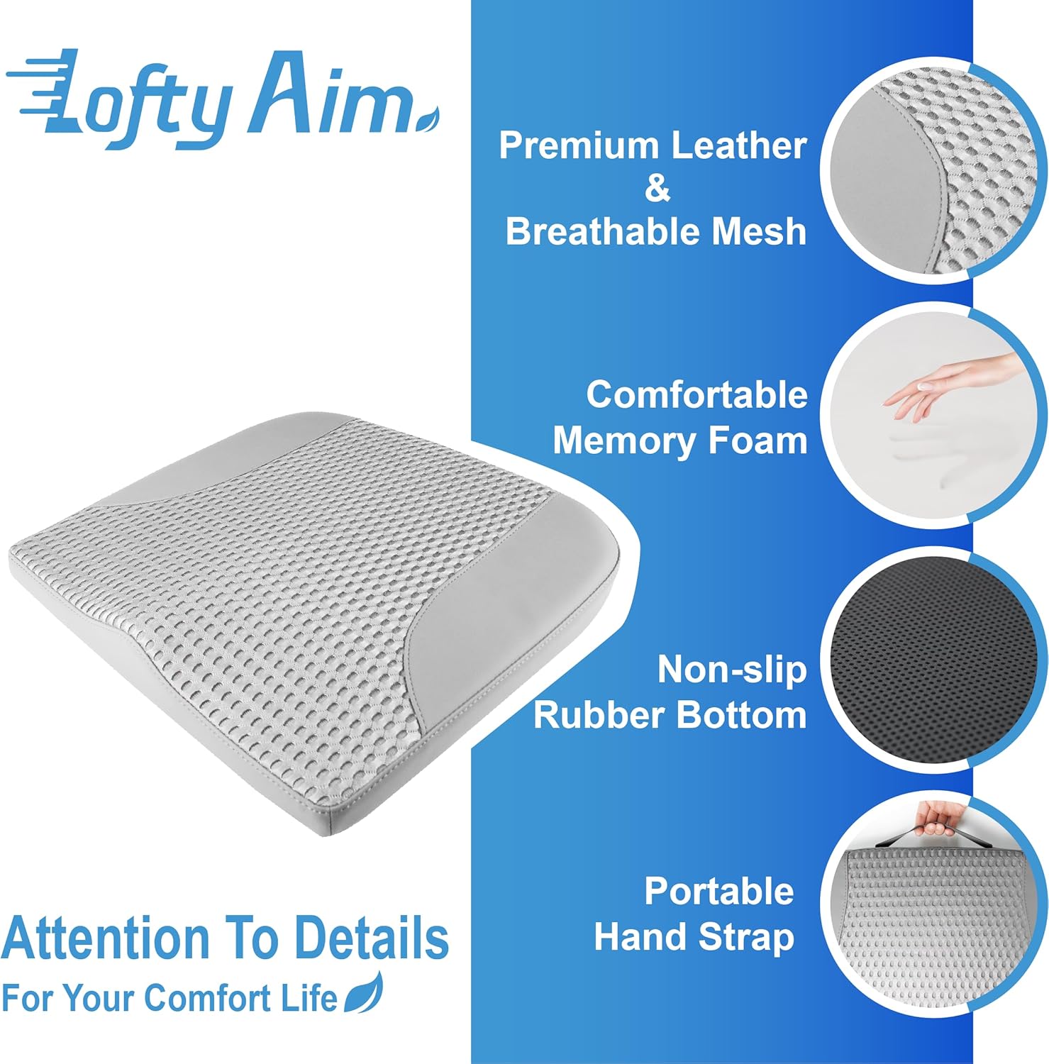 Car Seat Cushion, Comfortable Memory Foam Seat Pillow for Driving, Sciatica-Back Pain Relief, Cushion for Car-Truck, Office, Wheelchair - Gray