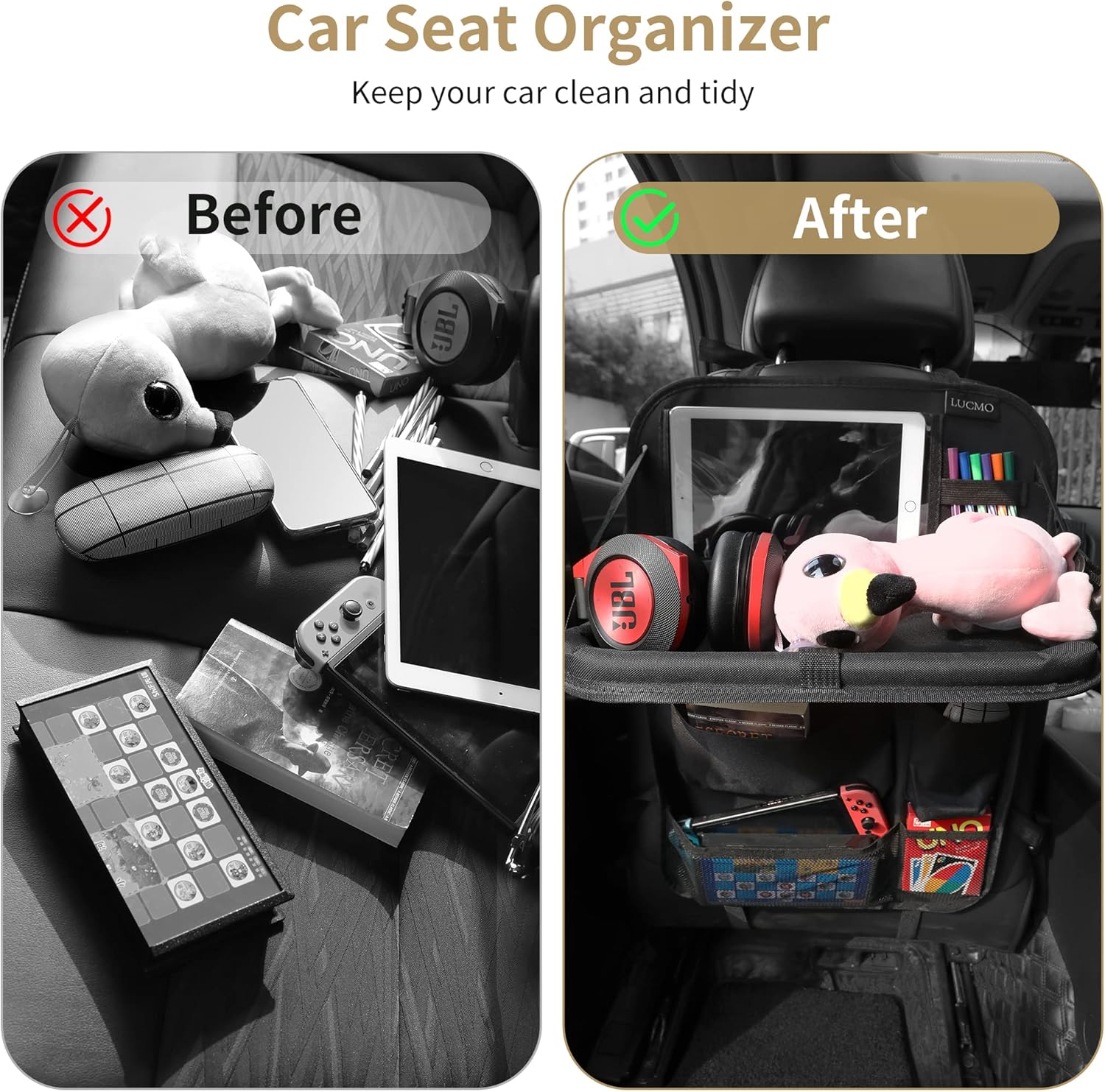 LUCMO Car Backseat Organizer with Touch Screen Tablet Holder,9 Storage Pockets Storage Organizer,Protectors Kick Mats Travel Accessories (Black, 2 Pack with Food Tray)