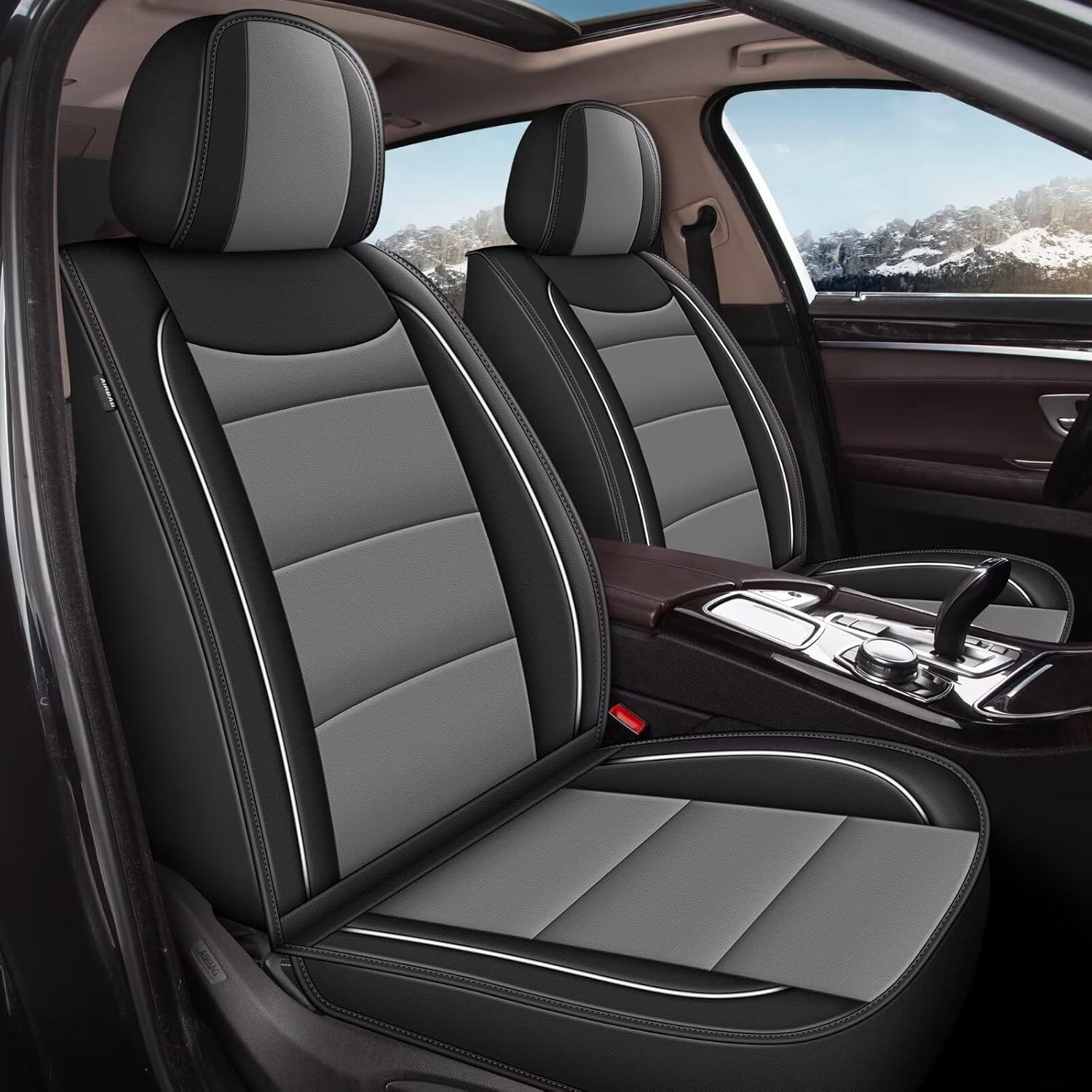 YORKNEIC 2 Front Seat Covers Fit for Hyundai Kona 2018-2024 2025: Leather Car Seat Covers - Waterproof Car Seat Protector Compatible Airbag (Black & Grey)