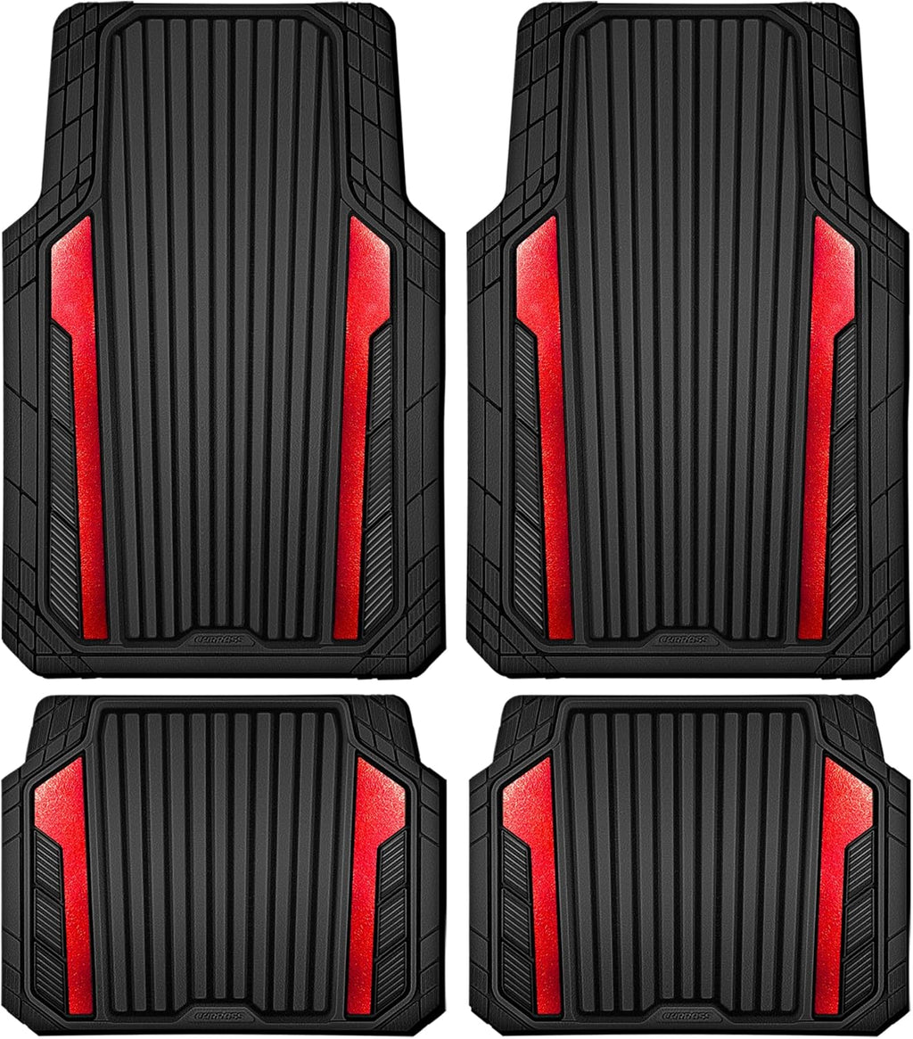 CAR PASS Heavy Duty Rubber Car Mats Metallic, Aluminum Film All Weather Floor Mats Waterproof Universal Trim to Fit Automotive SUV Sedan Van 4 Piece Anodized Deep Dish Two-Tone Sporty Black Red Chrome