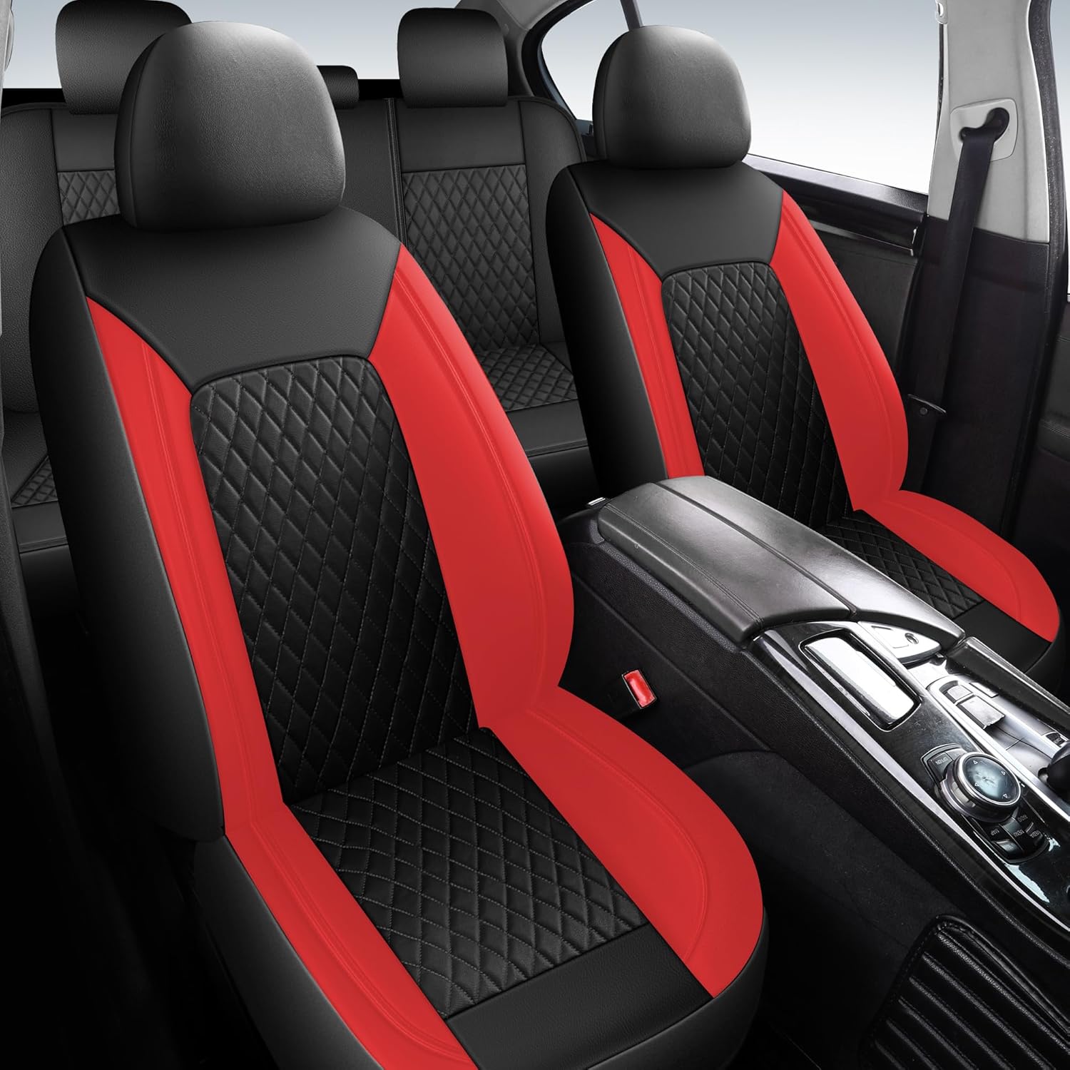 Red Car Seat Covers,Breathable and Waterproof Seat Cover Full Set,PU Premium Universal Fit Automotive Airbag Compatible for Cars Sedans SUVs Vans and Trucks(Full Seat,Black+Red,N1)