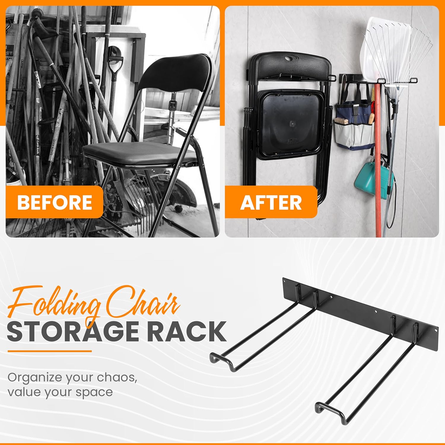 Heavy Duty Folding Chair & Tool Rack – Wall Mount Organizer for Garage, Garden, Beach & Camping – 2 Pack, 250 lbs Capacity Each