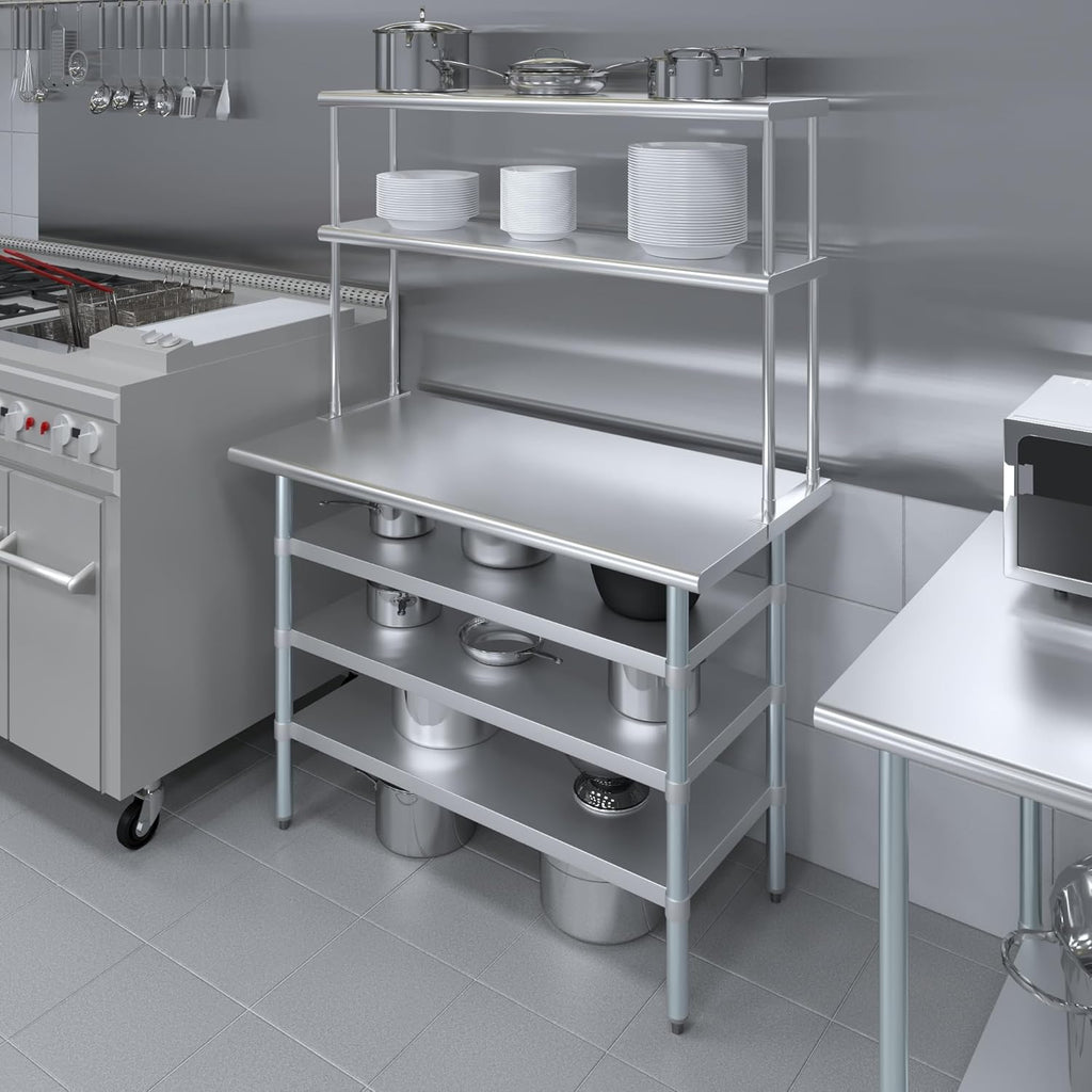 Amgood (24" x 48" Stainless Steel Work Table with 3 Shelves and 12" Wide Double Tier Overshelf | Metal Kitchen Prep Table & Shelving Combo | NSF