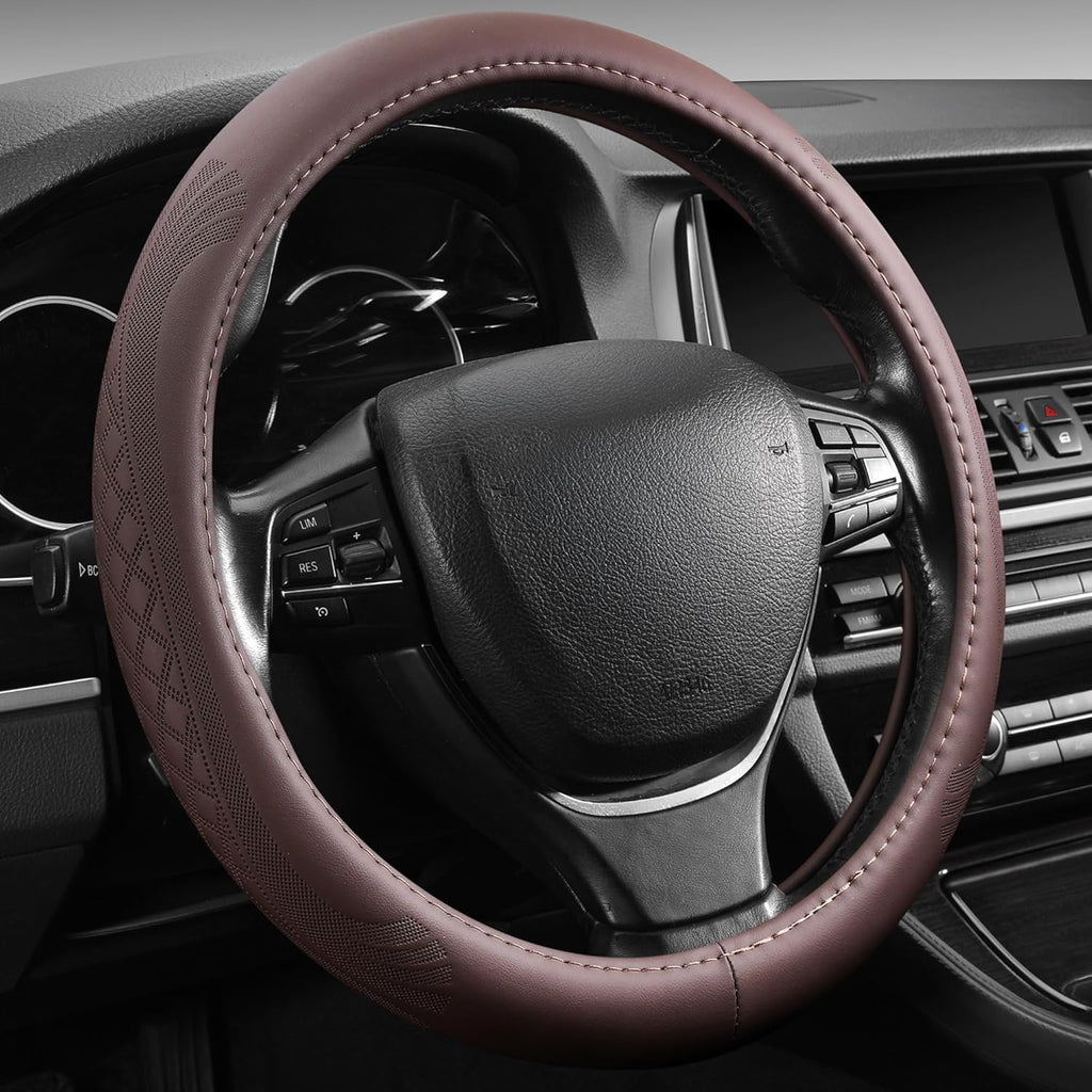 【2025 Model】 Breathable Soft Leather Car Steering Wheel Cover for Men Women, Non-Slip, Comfortable,Universal 15 inches Steering Wheels, Brown