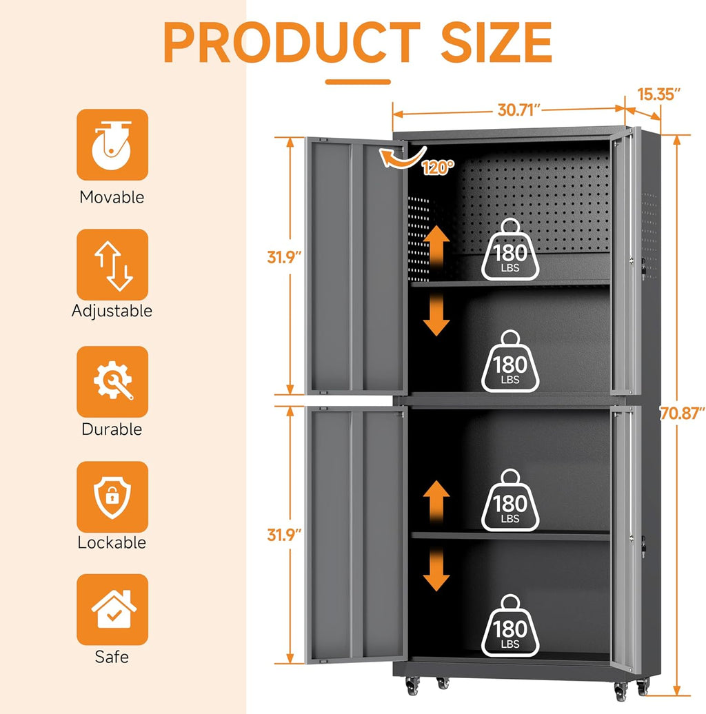 71" H Metal Tool Storage Cabinet with Lock and Wheels, Heavy Duty Garage Cabinet with 4 Doors and 2 Adjustable Shelves, Tool Organizer with Pegboard for Garage, Warehouse (Black&Gray, 71" H)