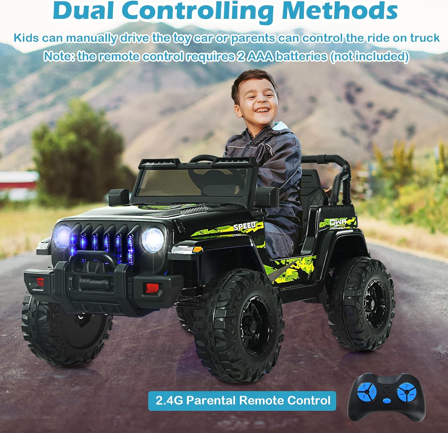 INFANS Kids Ride on Car Truck with 2.4G Remote Control, 12V Battery Powered Electric Cars for Kids w/3 Speeds, Battery Display, LED Lights, Safety Belt, Music & Horn, Bluetooth/FM/USB (Dark Black)