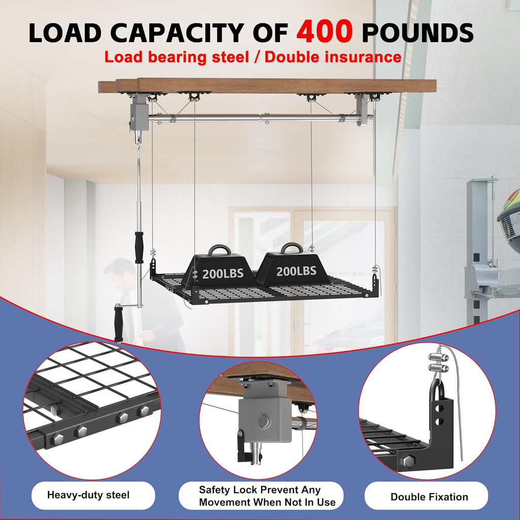 Overhead Garage Storage Rack,4x4FT Ceiling Storage Racks Lift,Adjustable Organization System,Workshops or Basements(Black)