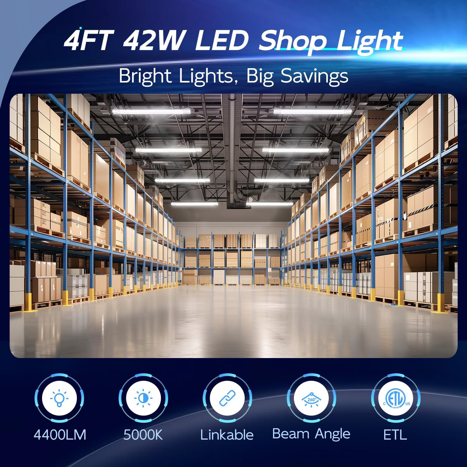 hykolity 10 Pack 4FT Linkable LED Utility Light Fixture, 4400lm, 42W, 5000K Daylight for Workshop, Garage, Hanging or Surface Mount, with Power Cord, ETL