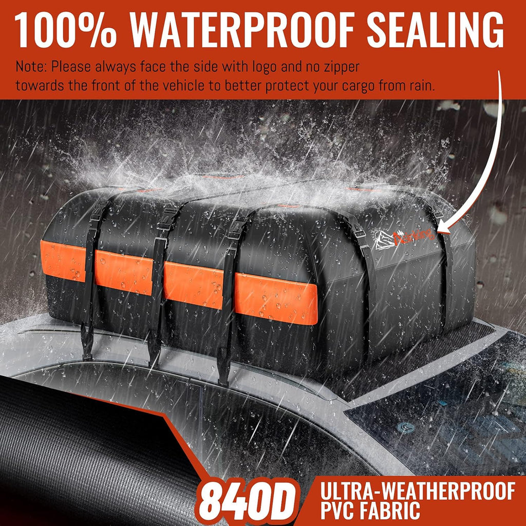 Car Rooftop Cargo Carrier - 21 Cubic Feet, 100% Waterproof Heavy Duty 840D Car Roof Bag for All Vehicles with/Without Racks - Anti-Slip Mat, 6 Door Hooks, Storage Bag, 2 Extra Straps