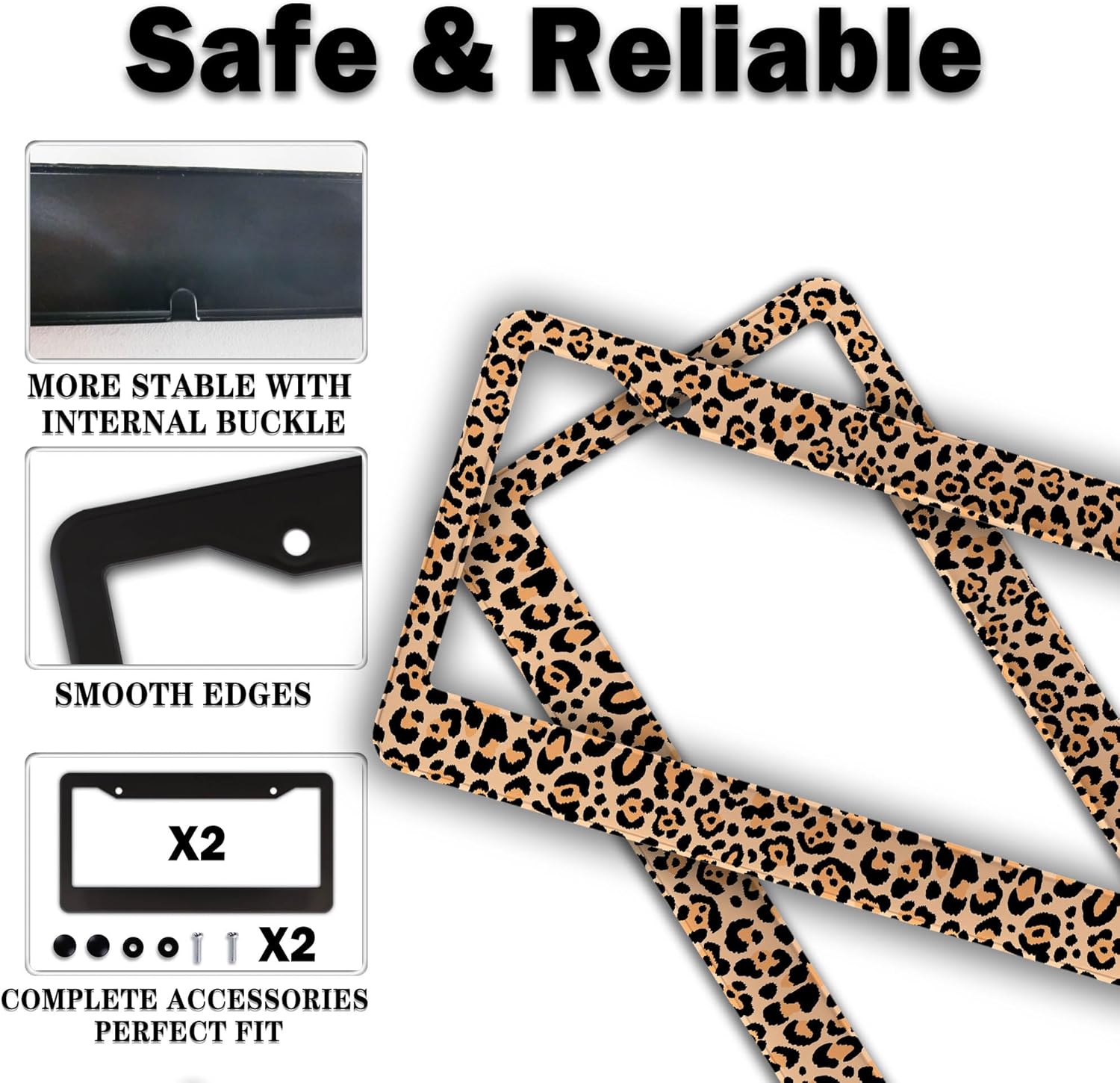 License Plate Frames Leopard Print Fun License Plate Frame Protector Cute Cheetah Texture Aluminum Metal Car Accessory 2 Pack with Screw Covers Set
