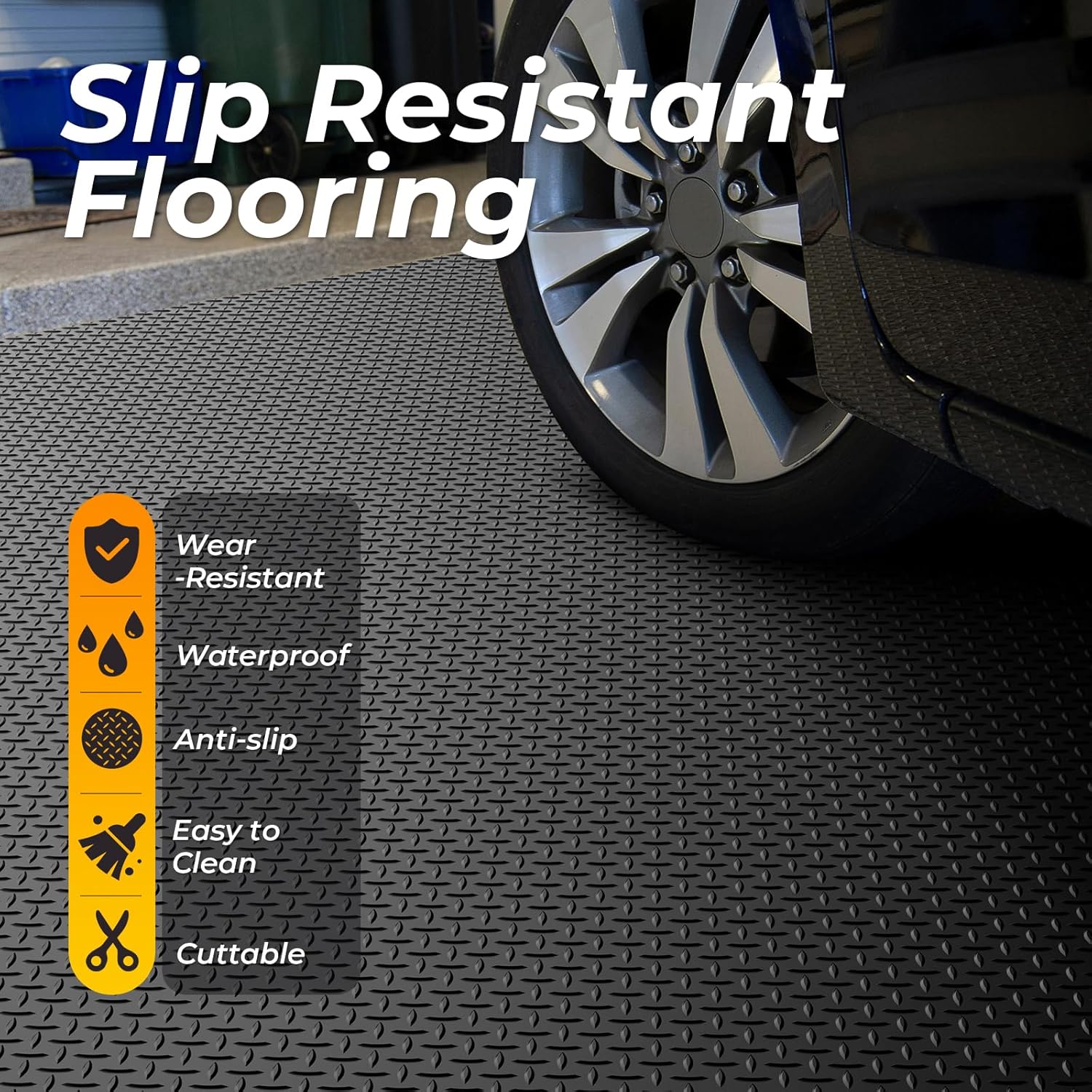 7.8 x 22 FT Garage Floor Mat, 2.8mm Thickness Diamond Plate Vinyl Garage Flooring Roll for Under Car, Large Size 172 SQFT for Large SUVs, MPV, Pickup Truck, RV, Black