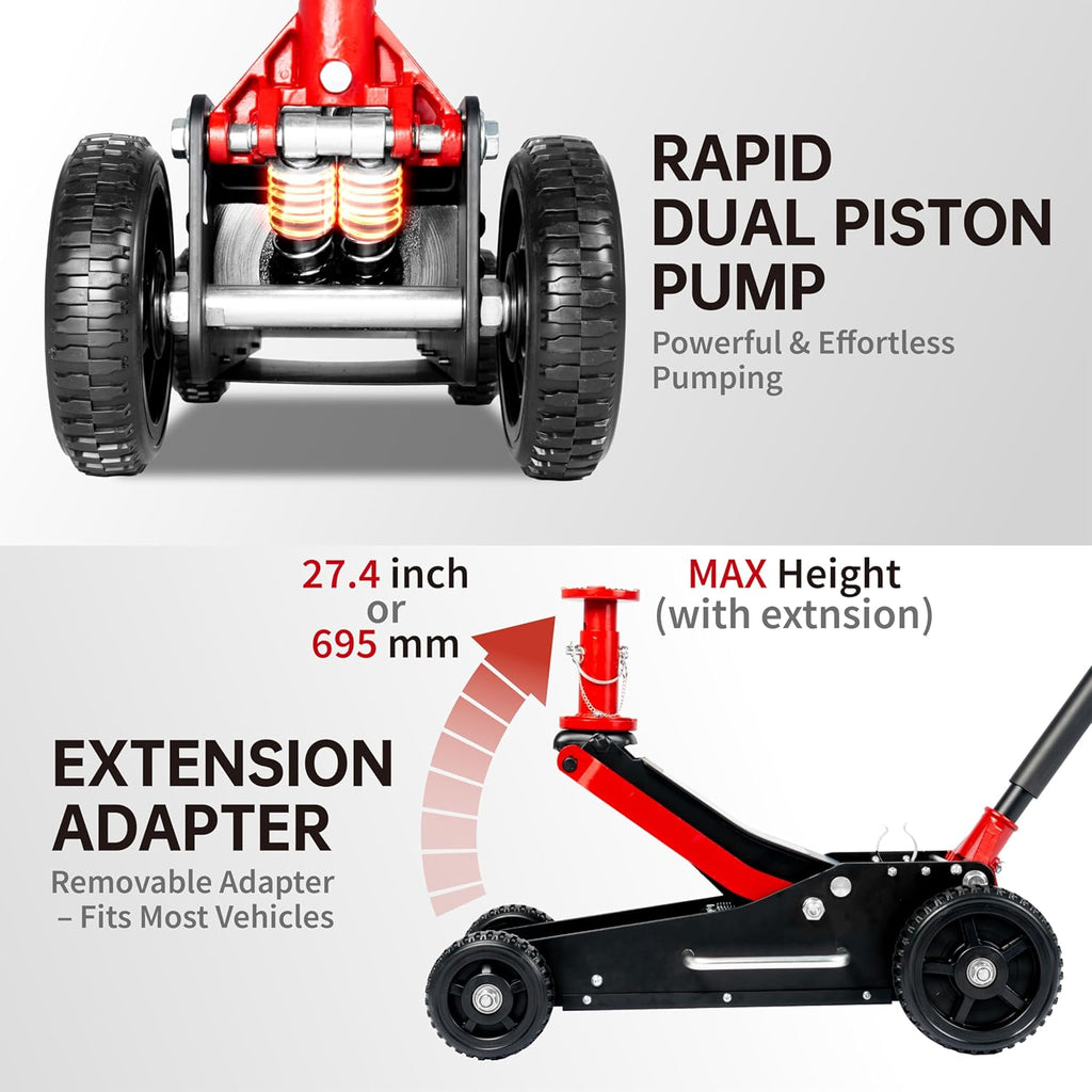 3 Ton (6600 lbs.) Big Wheel Dual Pistons Heavy-Duty Steel Construction Off-Road Jack, Hydraulic Car Jack with Extra Saddle, for Trucks, SUVs, ATVs