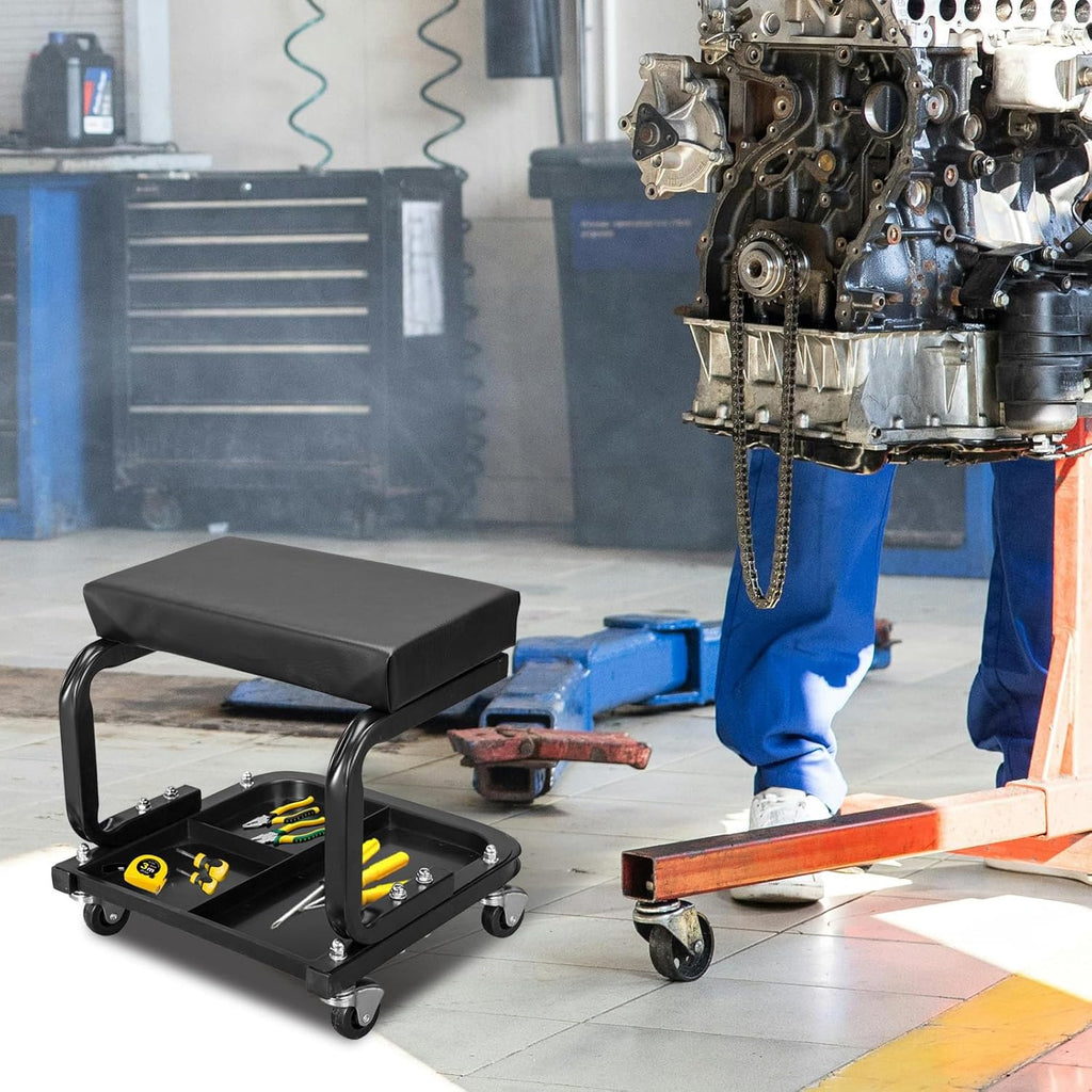Torin ATR6300B Rolling Creeper Garage/Shop Seat: Padded Mechanic Stool with Tool Tray Storage, Black Large