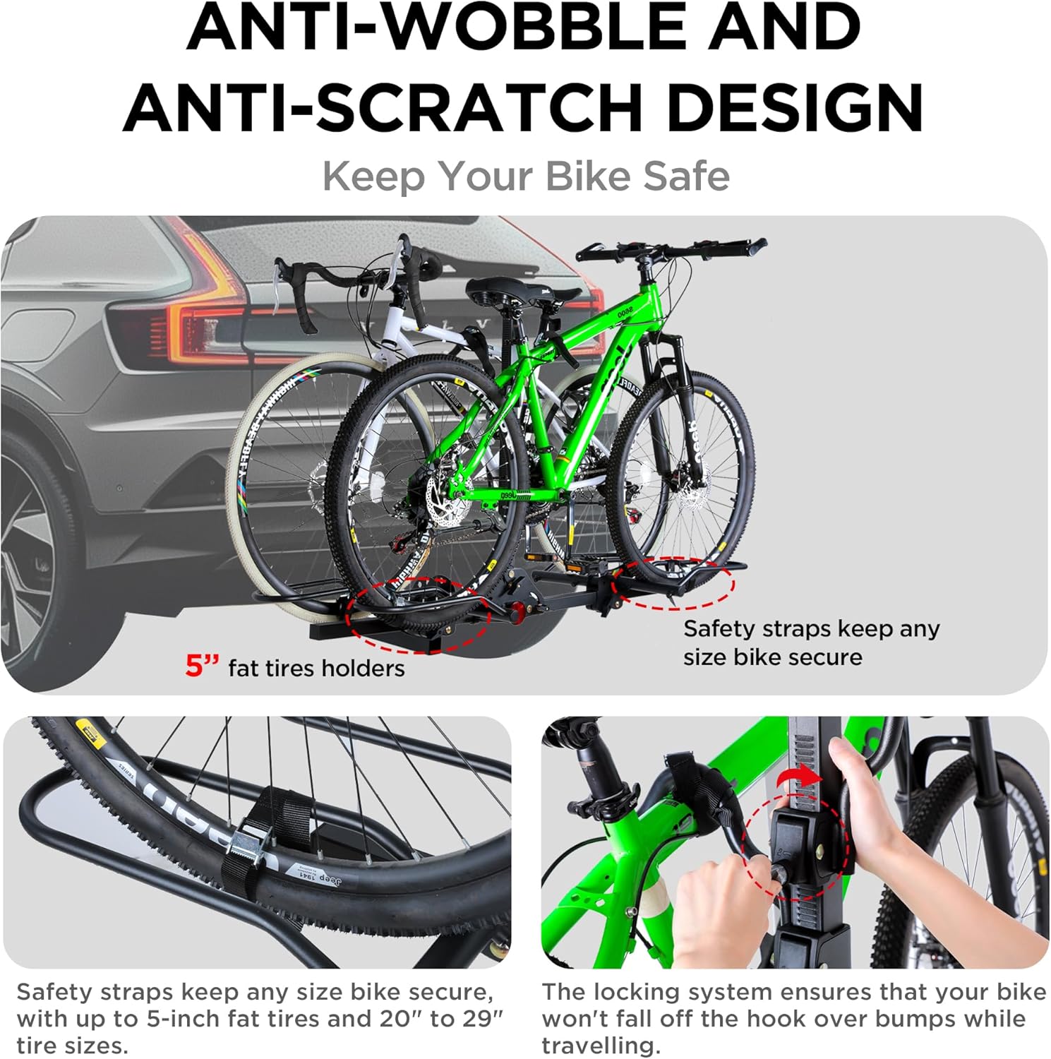 Young 200 lbs. Capacity Hitch Mounted 2-Bike Rack with Lock for Standard, Mountain, Fat Tire Bikes, fit Car, SUV, Van, RV, Trailer, Truck