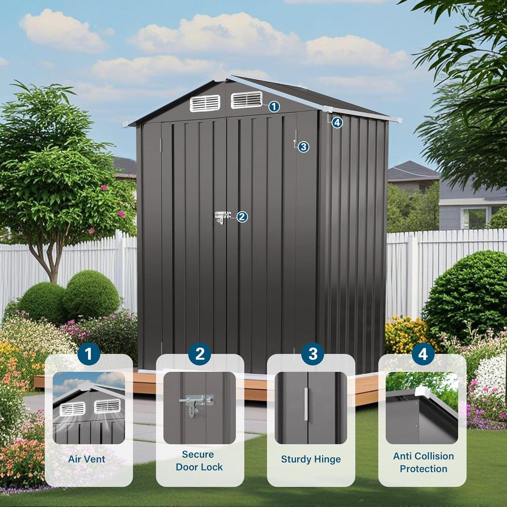 IKERY 5X3 FT Metal Outdoor Storage Shed, Tool Shed with Pitched RoofWaterproof, Lockable DoorCompact Metal Tool Shed for Garden, Backyard, Patio, Everyday Sundries and Bike Storage, Gray
