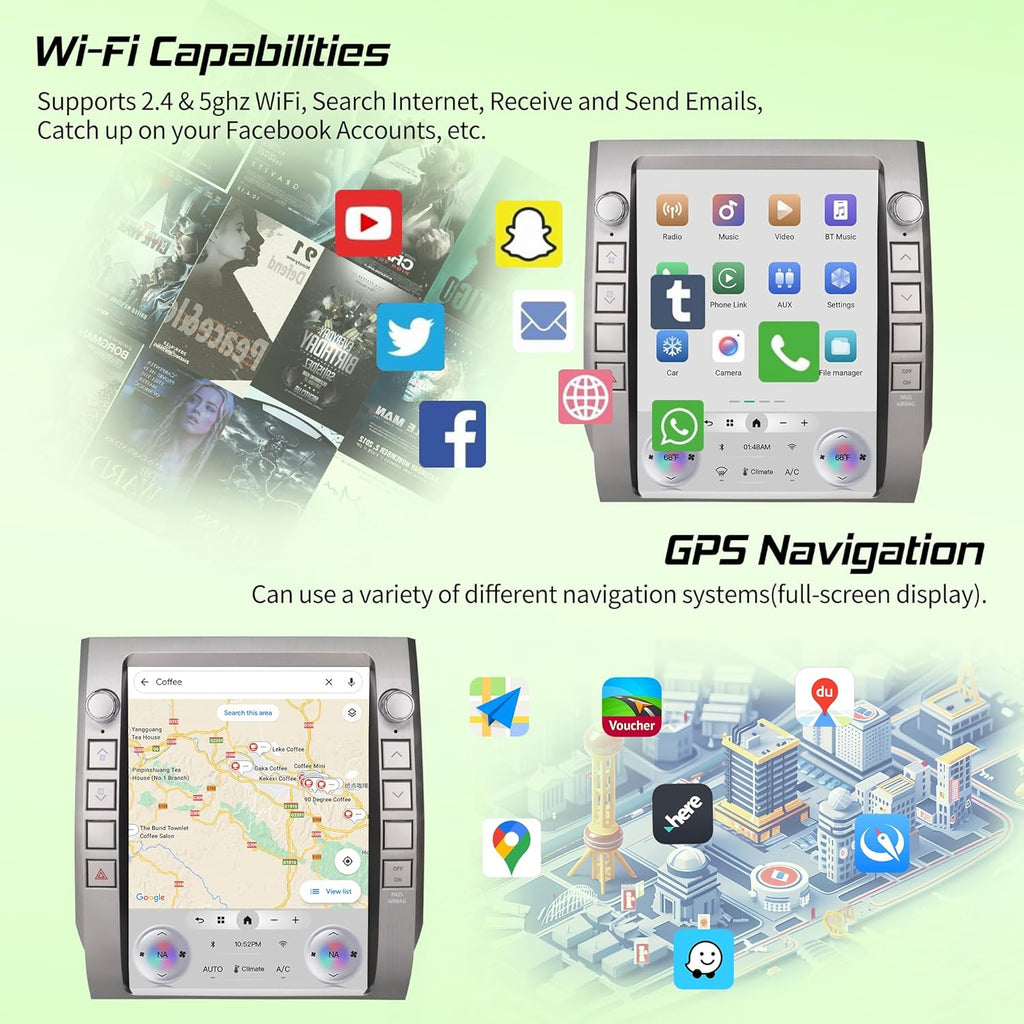Android Car Radio Stereo for Toyota Tundra 2014-2020 with Wireless Carplay&Android Auto,12.1″ HD Touch Screen T-Style Head Unit 3+32G Car Multimedia Player Replacement WiFi,GPS,Bluetooth,SWC