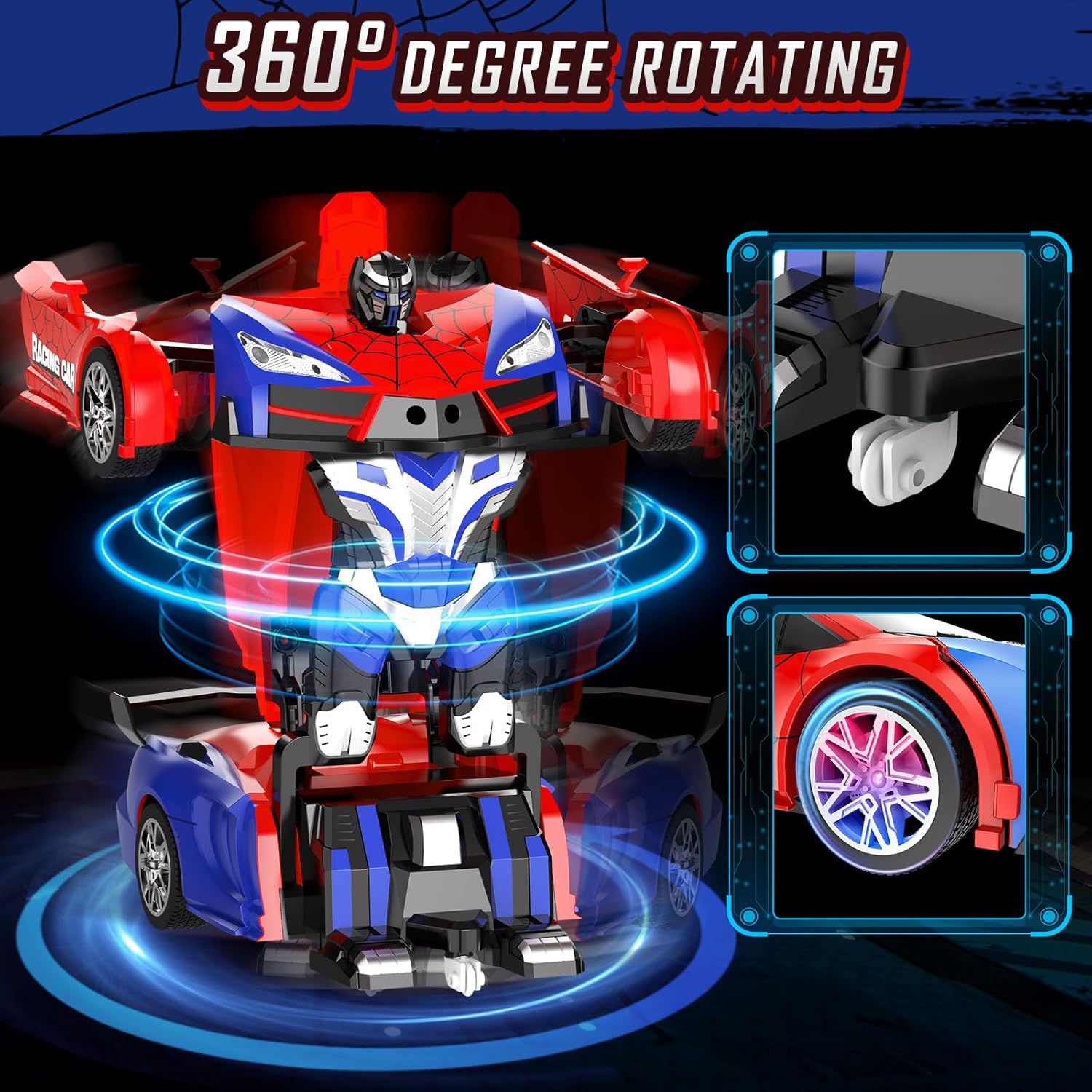 Remote Control Car for Boys 4-7, 2.4GHz RC Car 1:18 Scale, One-Button Transforming Toy with 360° Spins, LED Lights