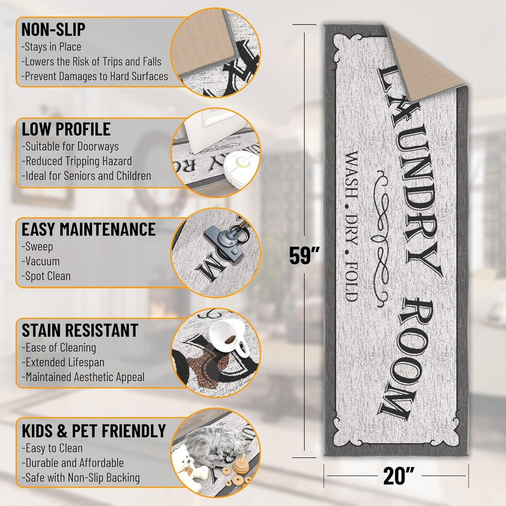 Ottomanson 20" x 59" Laundry Room Rug - Non-Slip Mat for Laundry & Mudroom - Durable, Stain-Resistant, and Easy to Clean - Perfect for High-Traffic Areas - Runner Rug for Entryway Bathroom, Gray