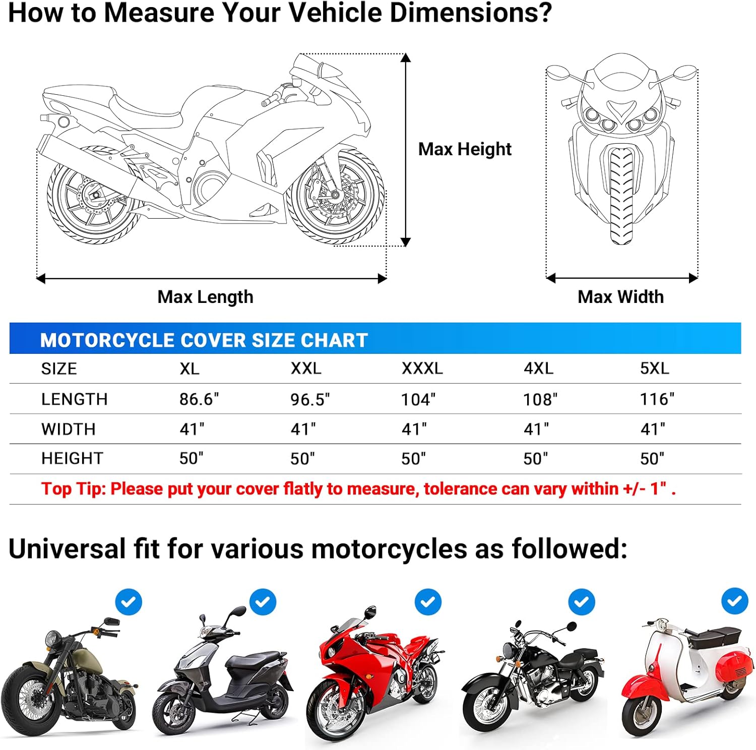 Favoto Motorcycle Cover Waterproof All Season Weather Sun Outdoor Protection Night Reflective with Lock-Holes & Storage Bag Universal Fits up to 86.6" Motorcycles Vehicle Motorbike Cover