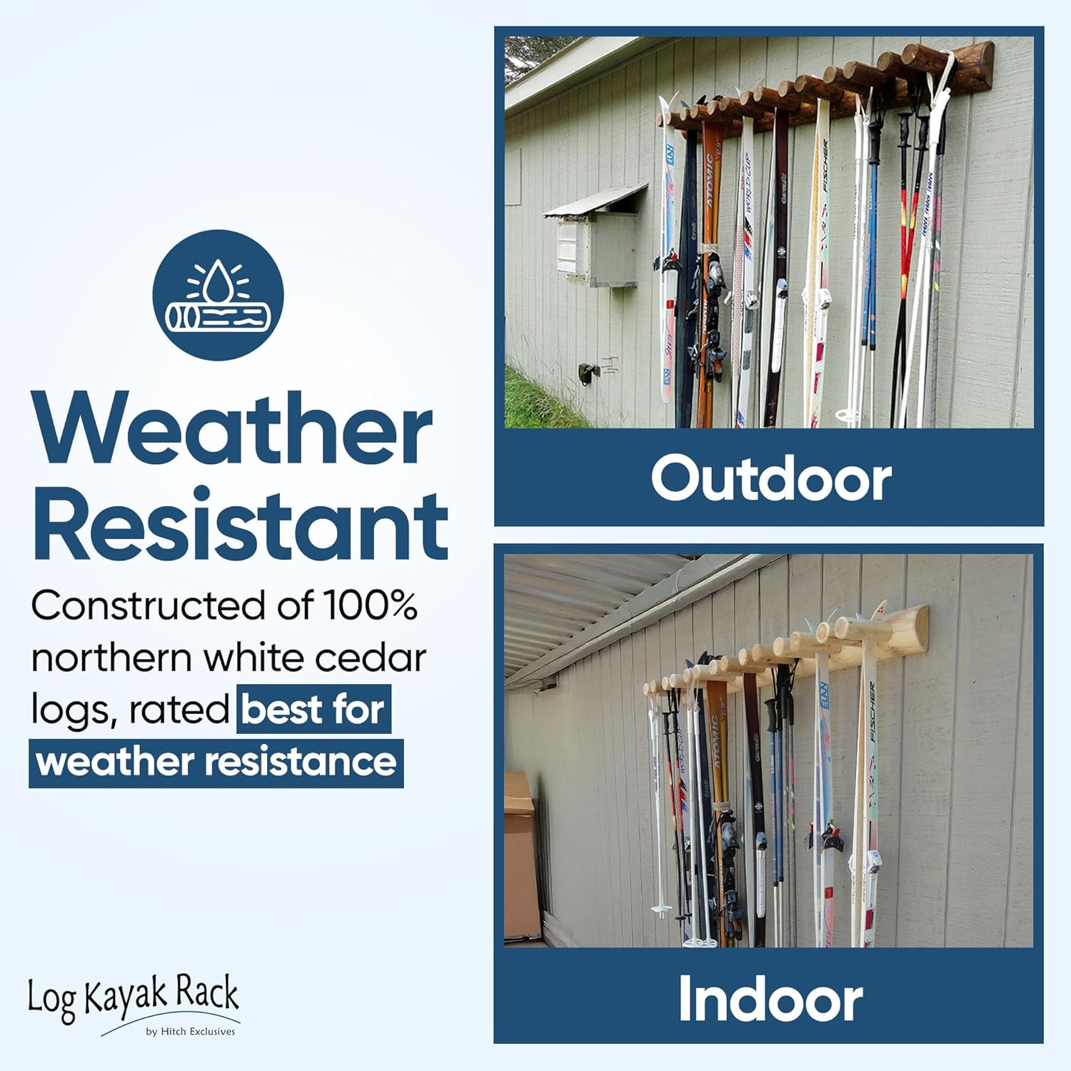14-Place Log Ski Rack Wall Mount, Indoor Ski Storage Rack for Garage Organizers, Wooden Skis Wall Mount Storage Racks, Pole Skis Sports Racks, Garage Organization Walls - Natural