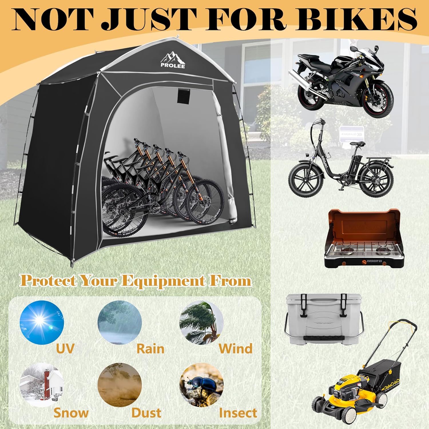 Prolee Bike Storage 7.3 x 5ft, Outside Storage Waterproof Oxford Fabric for 4 Bikes, Bike Shed, Garden Sheds & Outdoor Storage, Black