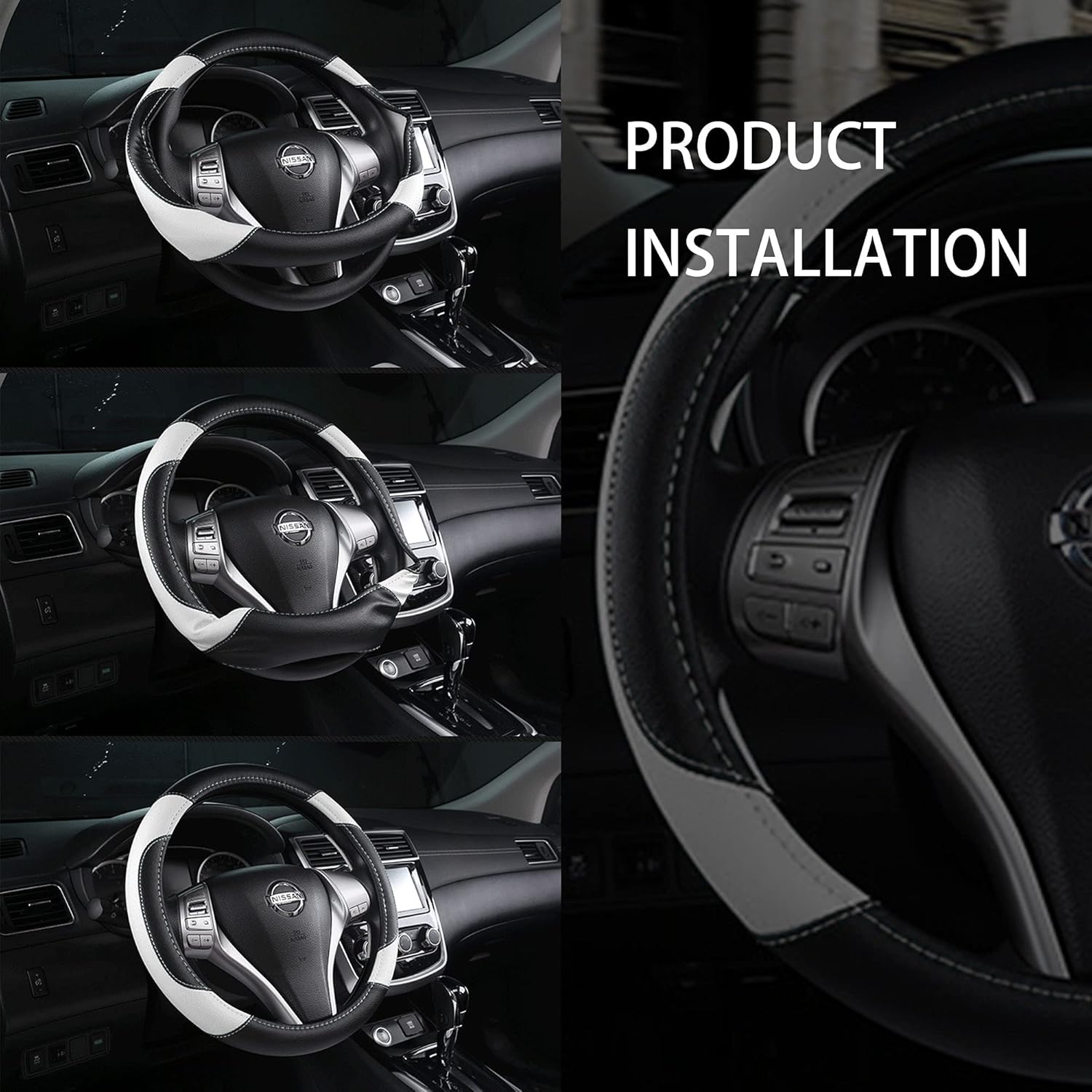 Leather Car Steering Wheel Cover, Non-Slip Car Wheel Cover Protector Breathable Microfiber Leather Universal Fit for Most Cars(White)