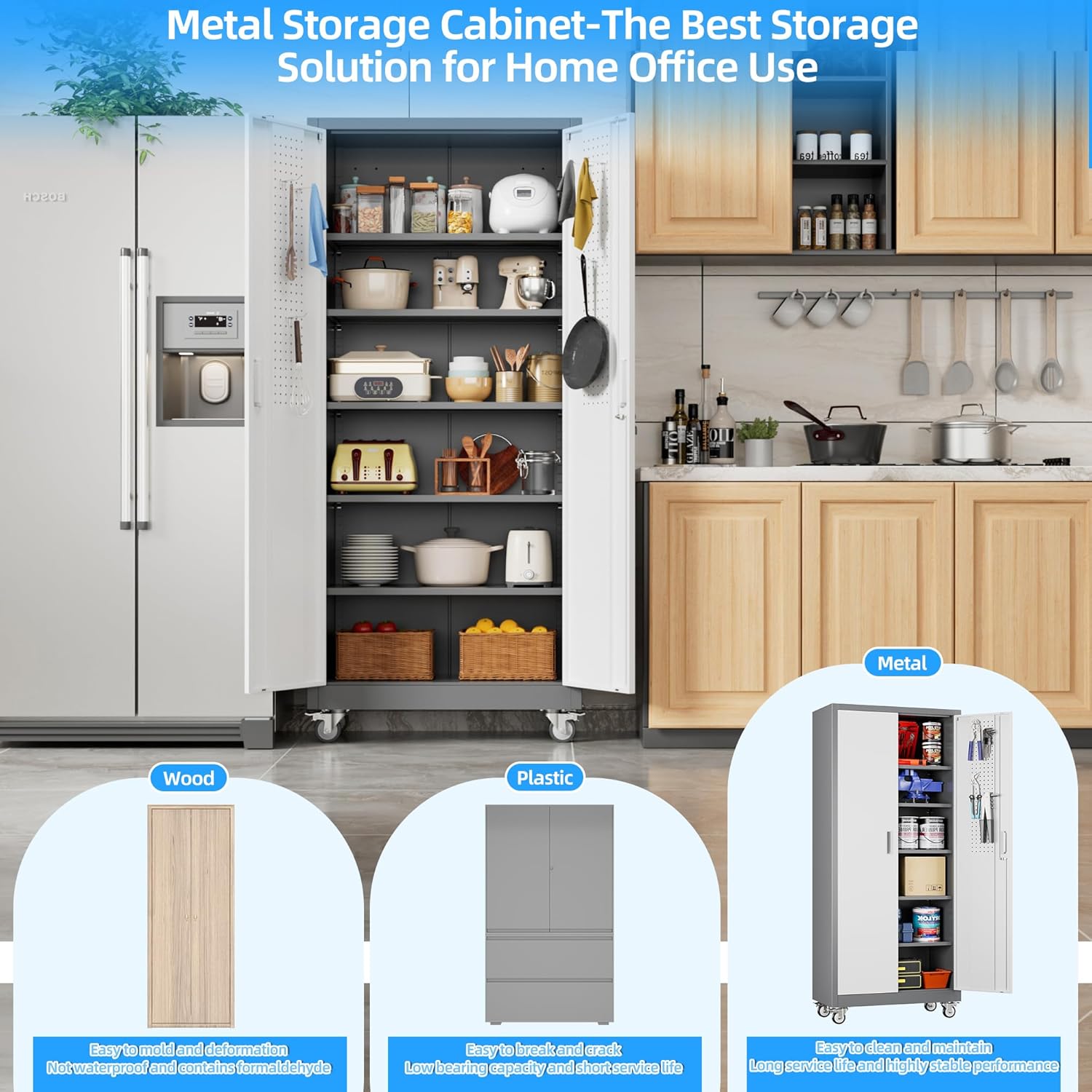 71" H×32" W×16" D Garage Storage Cabinet with Wheels & Pegboard, Locking Metal Storage Cabinet with Doors and 5 Adjustable Shelves & & 4 Hooks for Garage Warehouse Home Office, White and Gray