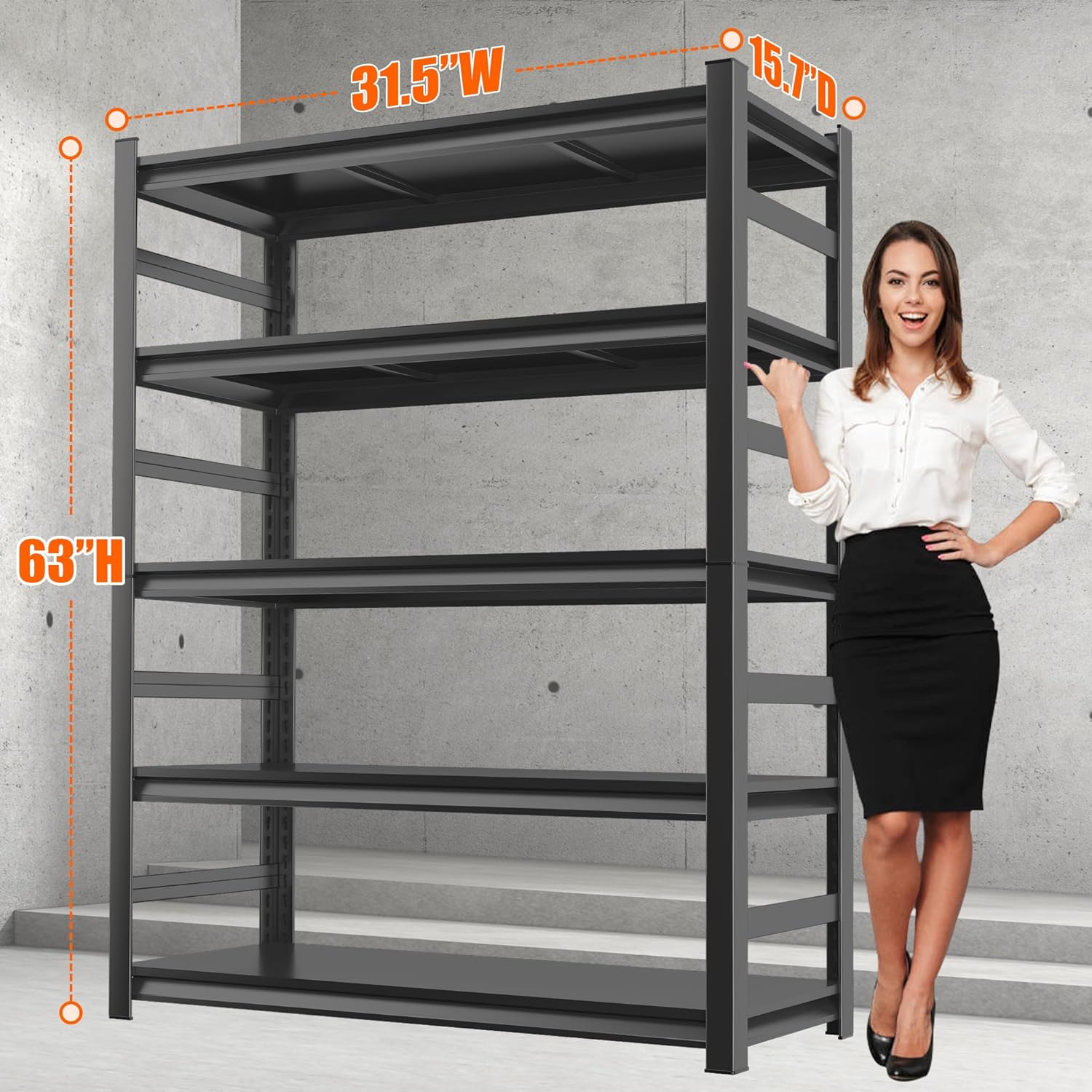 Adjustable Heavy Duty Metal Garage Shelving Unit with Fence, 5-Tier Storage Rack for Garage, Basement, or Warehouse, Durable Steel Shelves for Tools & Equipment, 63" H x 32" W x 16" D, Black