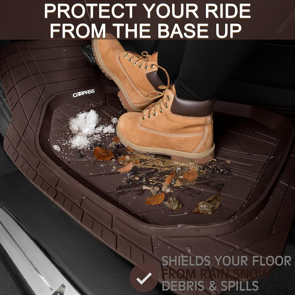 CAR PASS DeepDish Floor Mats for Cars Full Set,Heavy Duty Rubber Car Mats 3-Piece,Universal Waterproof Trim-to Fit Automotive Floor Mats for Truck Van SUV, Durable All-Weather Car Mats(Solid Browm)