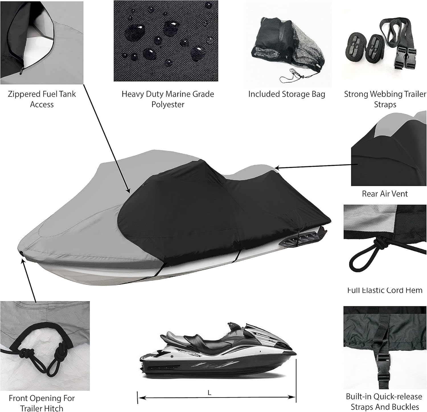 JetPro Trailerable Jet Ski Cover, Waterproof Marine Grade 600D Heavy Duty Polyester PWC Cover Gray/Black Color Fits from 116"-125" 2 Seater
