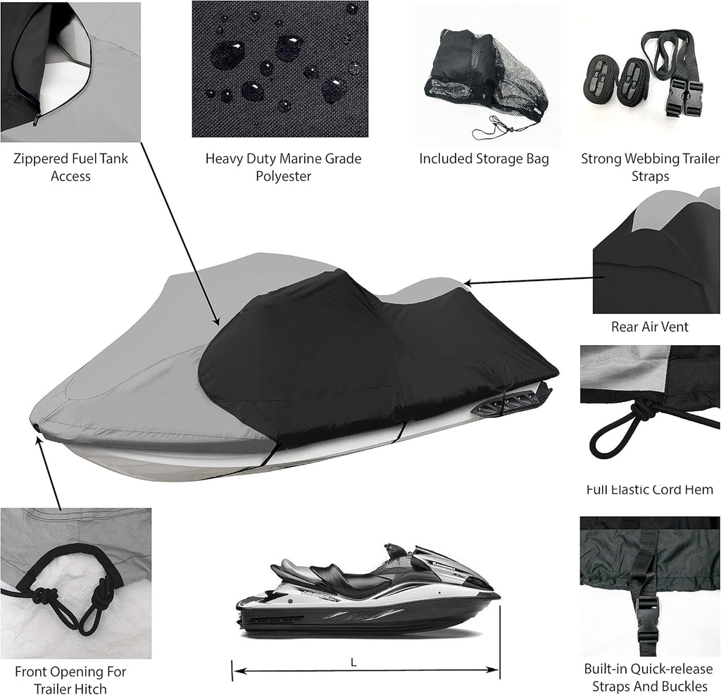 Trailerable Jet Ski Cover, Waterproof Marine Grade 600D Heavy Duty Polyester PWC Cover Gray/Black Color Fits from 103"-115" 1 or 2 Seater