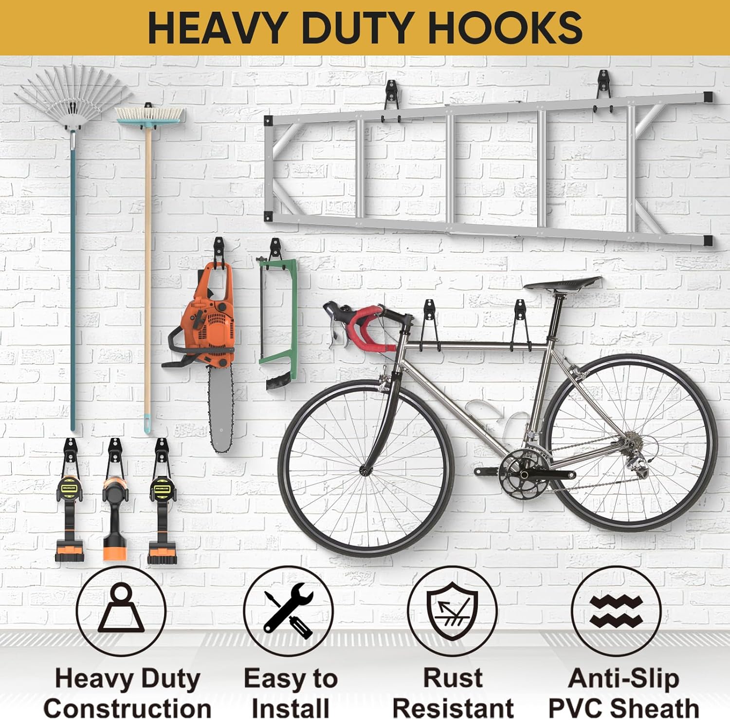 TICONN 2 Pack Heavy Duty Garage Hooks, Steel Utility Wall Storage Hooks, Wall Mount Hanger Organizer for Ladders, Bikes, Tools, Bulky Items (Large, Orange Square)