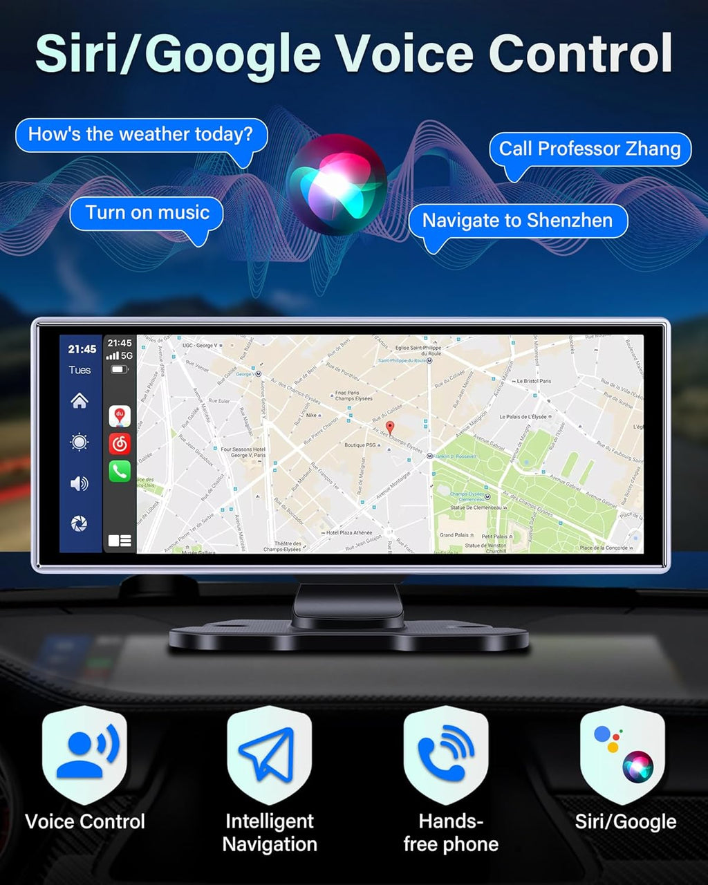 2025 Exclusive 11.26'' Portable Wireless Apple CarPlay Screen for Car & Android Auto Car Stereo, 2.5K Dash Cam 1080P Backup Camera car Audio Receivers/GPS Navigation/Voice Control for All Vehicles