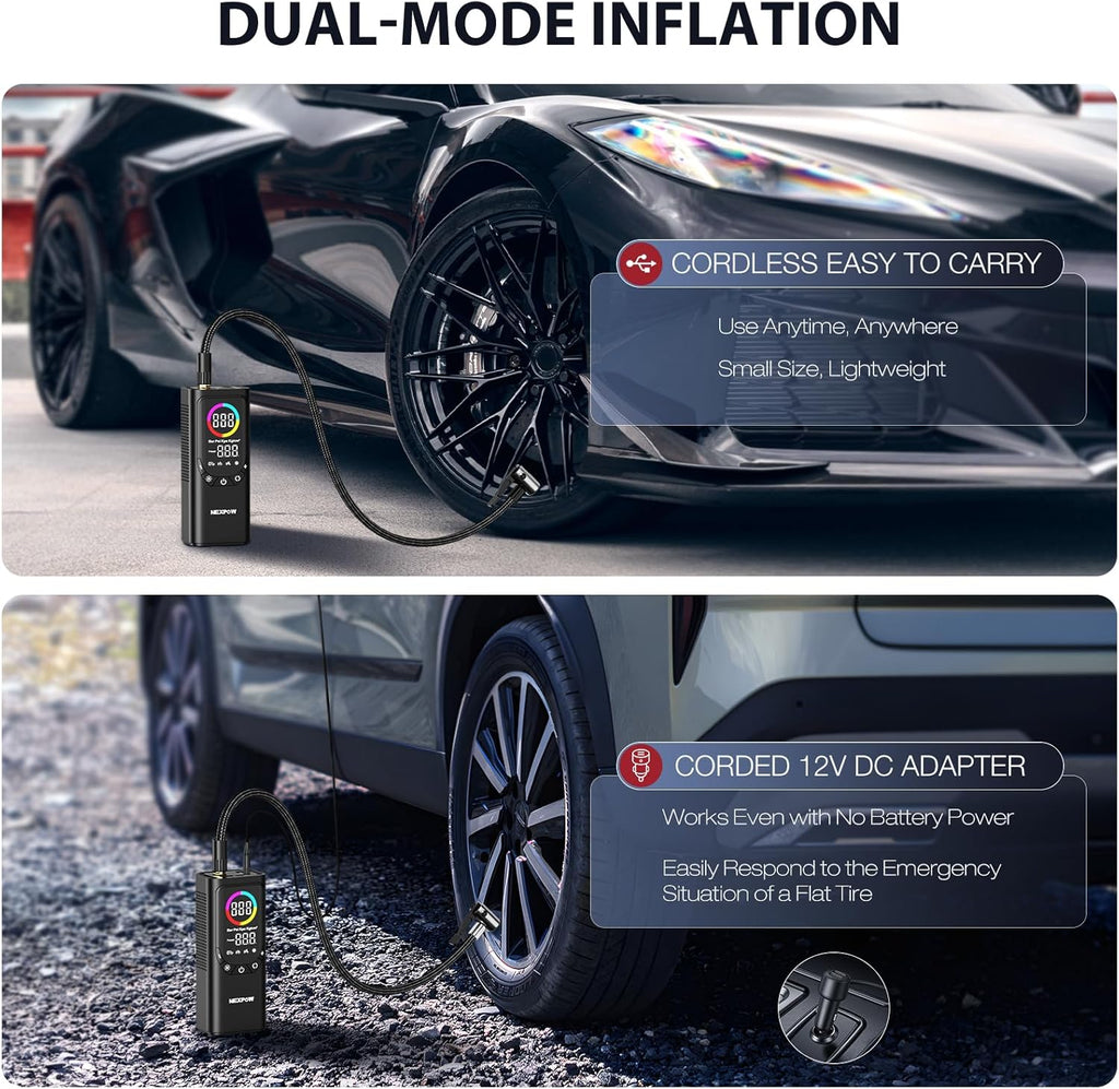Tire Inflator Portable Air Compressor, NEXPOW 150PSI & 9000mAh Cordless Air Pump with Digital Tire Pressure Gauge, Accurate Dual LCD Display & LED Light, Tire Inflator for Car,Motorcycle,Bike,Balls