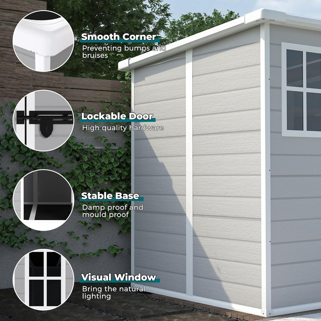 MyVoice 6x6 FT Outdoor Resin Storage Shed with HD Window, Rustproof Waterproof Garden Tool Shed, 12mm Thickened PP Panels, Large Capacity Outdoor Utility House for Backyard Patio (with Floor)