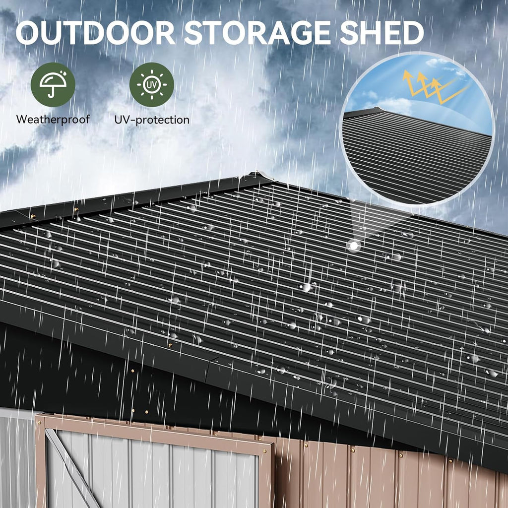 Aoxun 12x10 FT Shed Outdoor Storage Shed with Spacious Doors, Large Shed Steel Utility Tool Shed Storage House with Door & Lock, Metal Sheds with Sloped Roof for Garden Patio Lawn Poolside, Brown