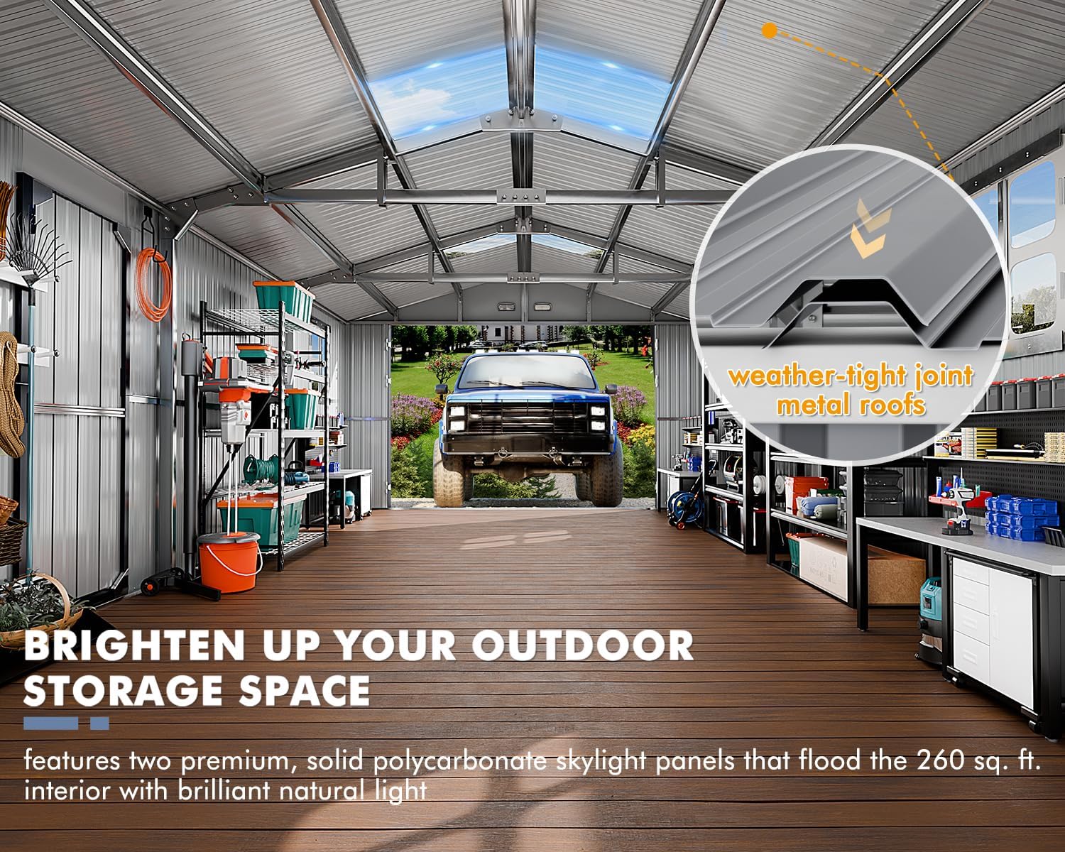 Metal Garage Shed 13x20x8.5', Large Outdoor Storage Building, Ultra-Reinforced Truss System, Weatherproof with Skylights & Dual-Entry, Steel Carport and Workshop for Car,Boat,Big Tool Organization