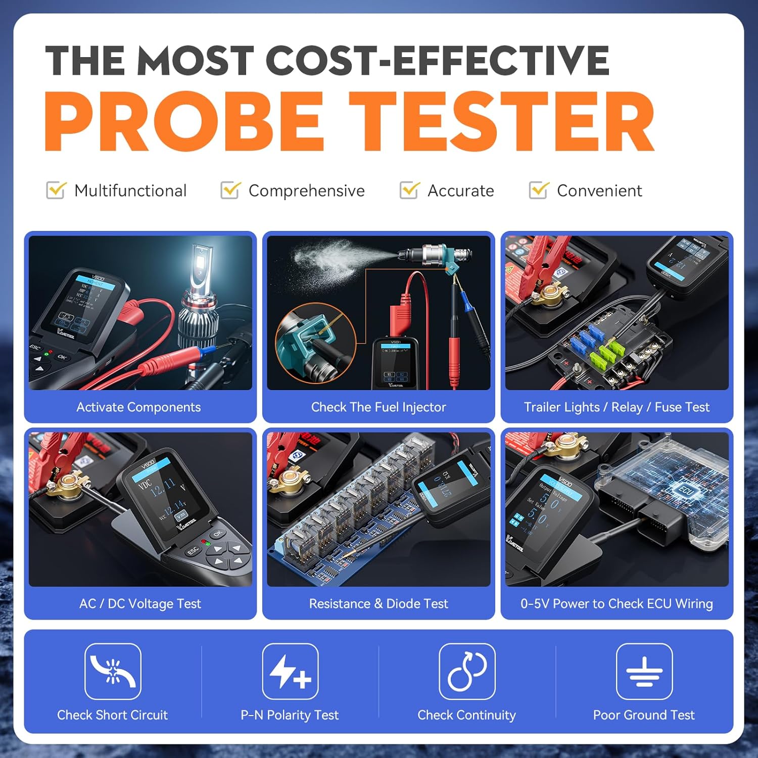 VDIAGTOOL V500 Automotive Power Circuit Probe Tester Kit, 9-30V Car Electric Circuit Tester, Short/Open Circuit Finder, Oscilloscope/Multimeter/Injector/Relay Tester, Component/Fuse/Trailer/AC/DC Test