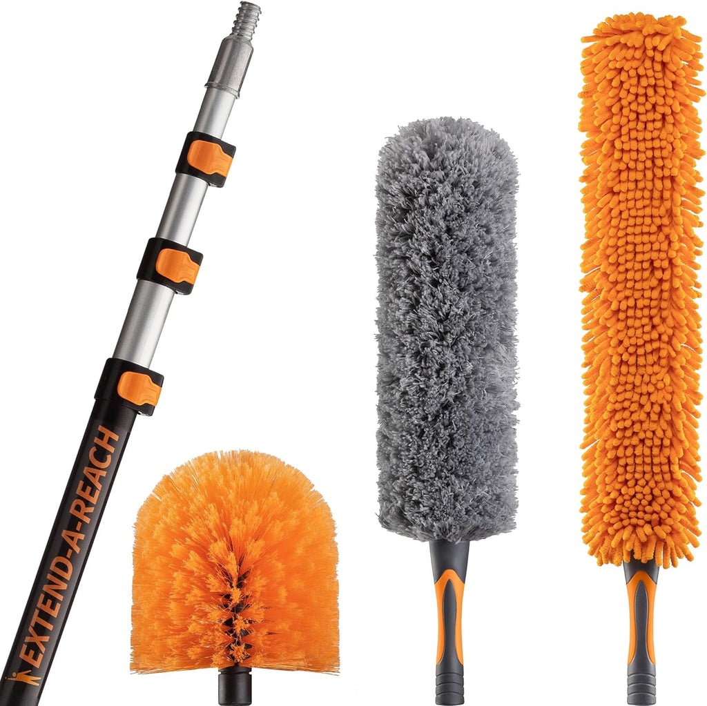20 Feet High Reach Ceiling Dusters Set with 4-12 ft Extension Pole for Cleaning // Extendable Telescoping Long Reach Cobweb & Feather Dusters for High Ceiling // Extendable Ceiling Fan Blade Cleaner