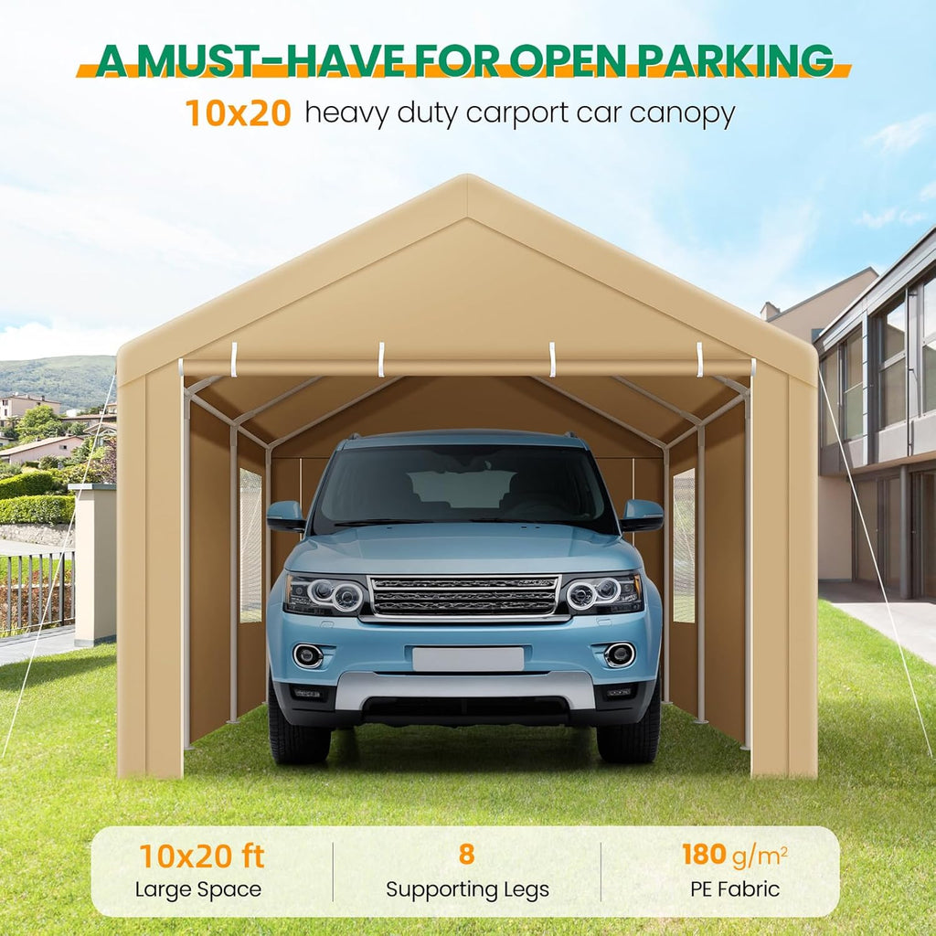 COBIZI Carports 10x20 Heavy Duty Car Canopy Garage with Removable Sidewalls & Doors, Galvanized Frame Portable Carport Canopy with Built-in Sandbags & All-Season Tarp for Car Boat Truck, Khaki