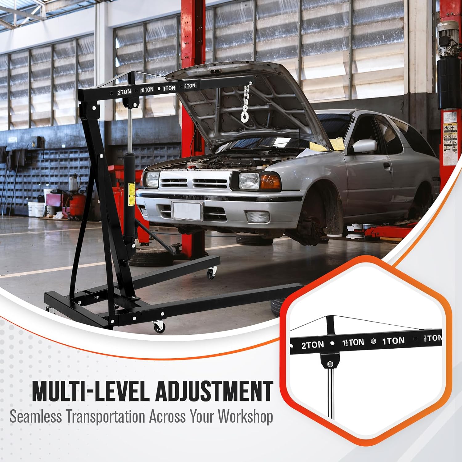 2 Ton Hydraulic Engine Hoist with Lever Stabilizer , Cherry Picker Engine Hoist, 4400LBS Heavy Duty Garage Crane with 6 Swivel Casters & Adjustable Telescopic Boom, for Auto Repair & Workshop (Black)