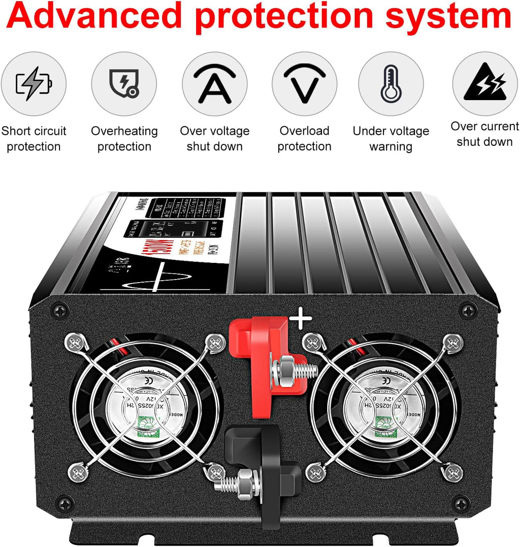 Xijia 1500W(Peak Power 3000W) Pure Sine Wave Solar Power DC 12V Inverter AC 120V 60HZ Solar Converter for Home Use car (DC12V (Range 10V-15V) 1500W)